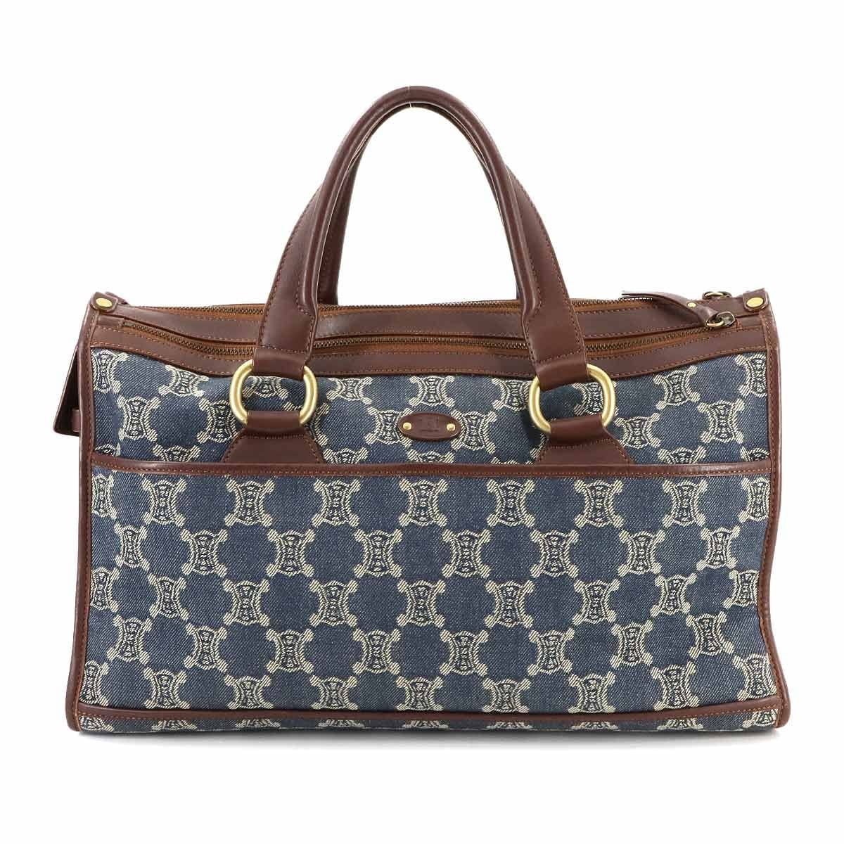 Luxury Promise Japan CELINE Macadam Hand Bag Denim Leather Blue Brown Purse 90289266