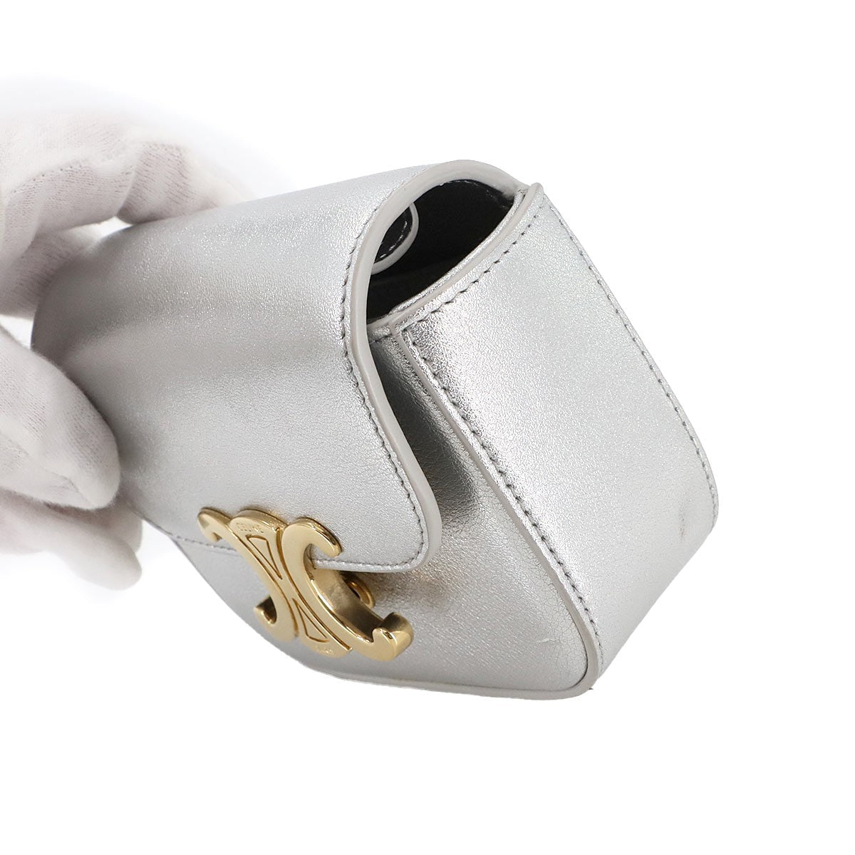 Luxury Promise Japan CELINE Triomphe Claude Mini Shoulder Bag Leather Silver 10I513DPV 90285235