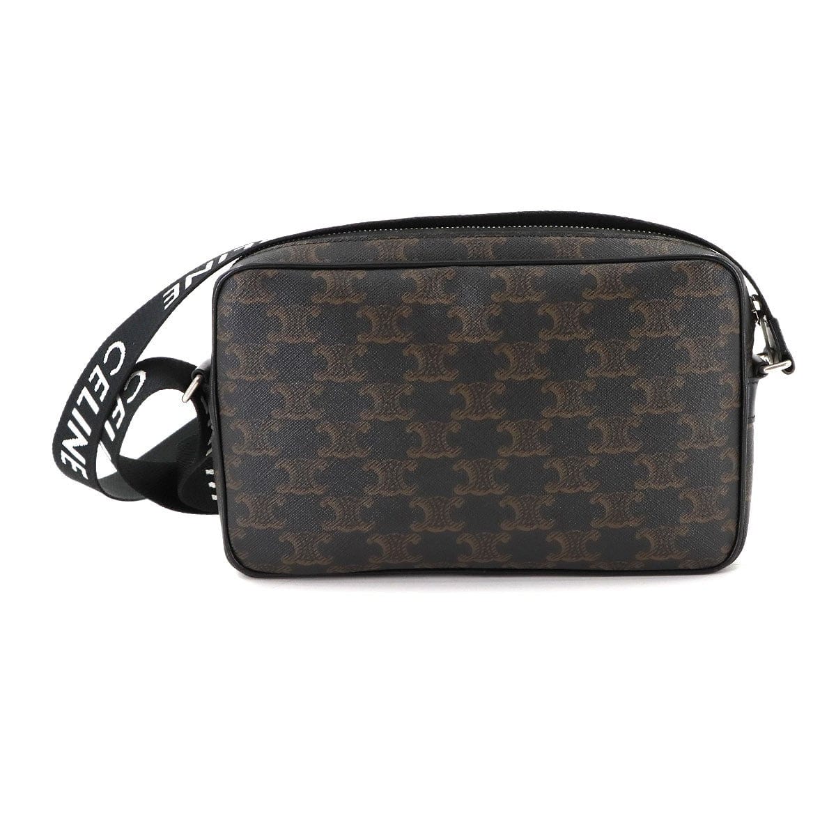 Luxury Promise Japan CELINE Triomphe Medium Messenger Shoulder Bag PVC Leather Black Brown 90292665