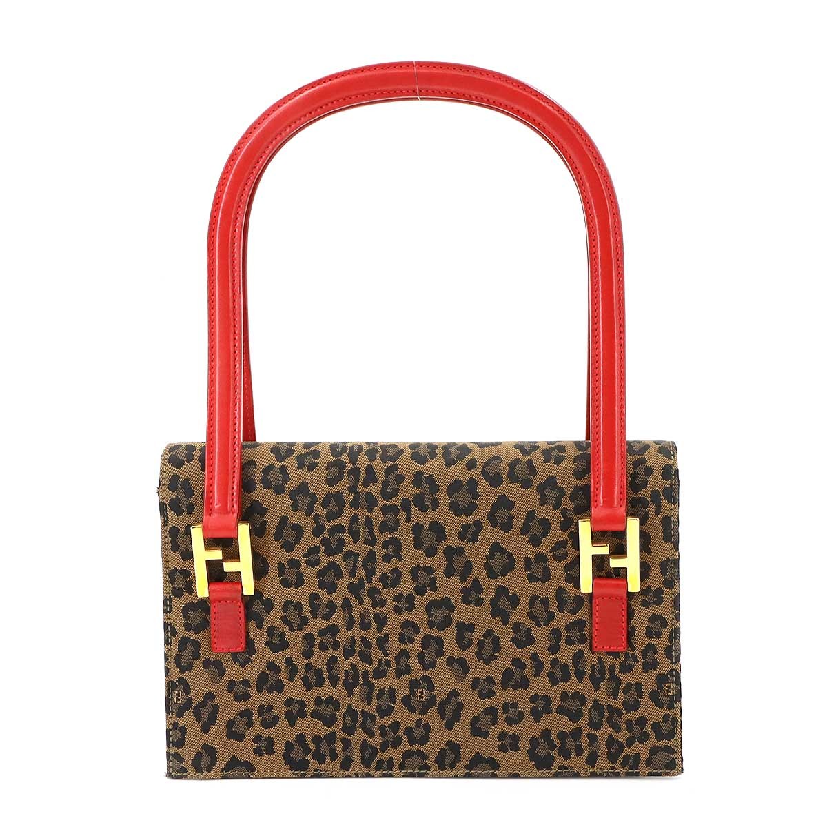 Luxury Promise Japan FENDI Shoulder Bag Canvas Leather Brown Red 26346 Leopard pattern Purse 90290994