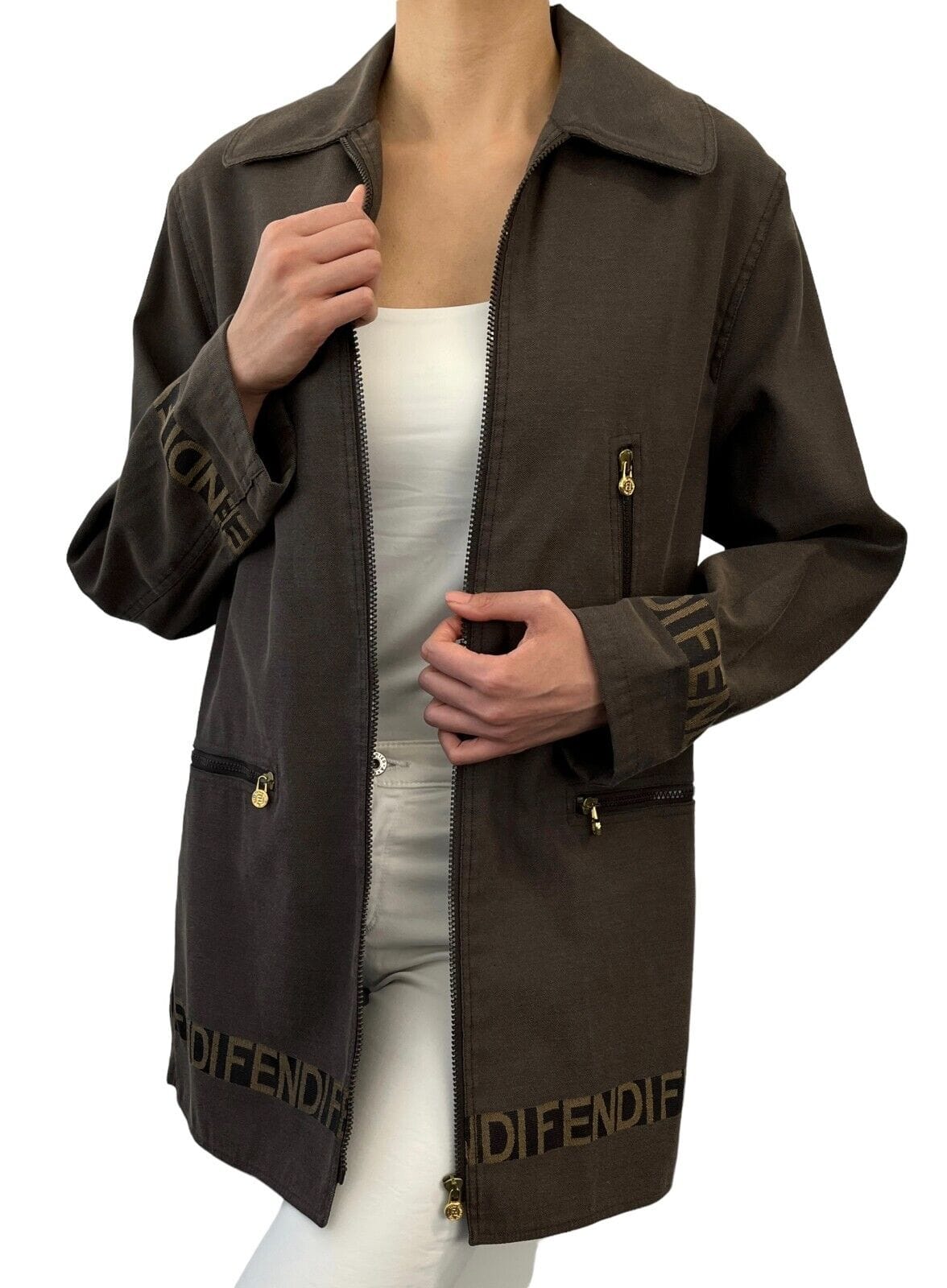 Luxury Promise Japan FENDI Vintage Logo Zipped Jacket #40 Polyester Cotton Brown Gold RankAB+