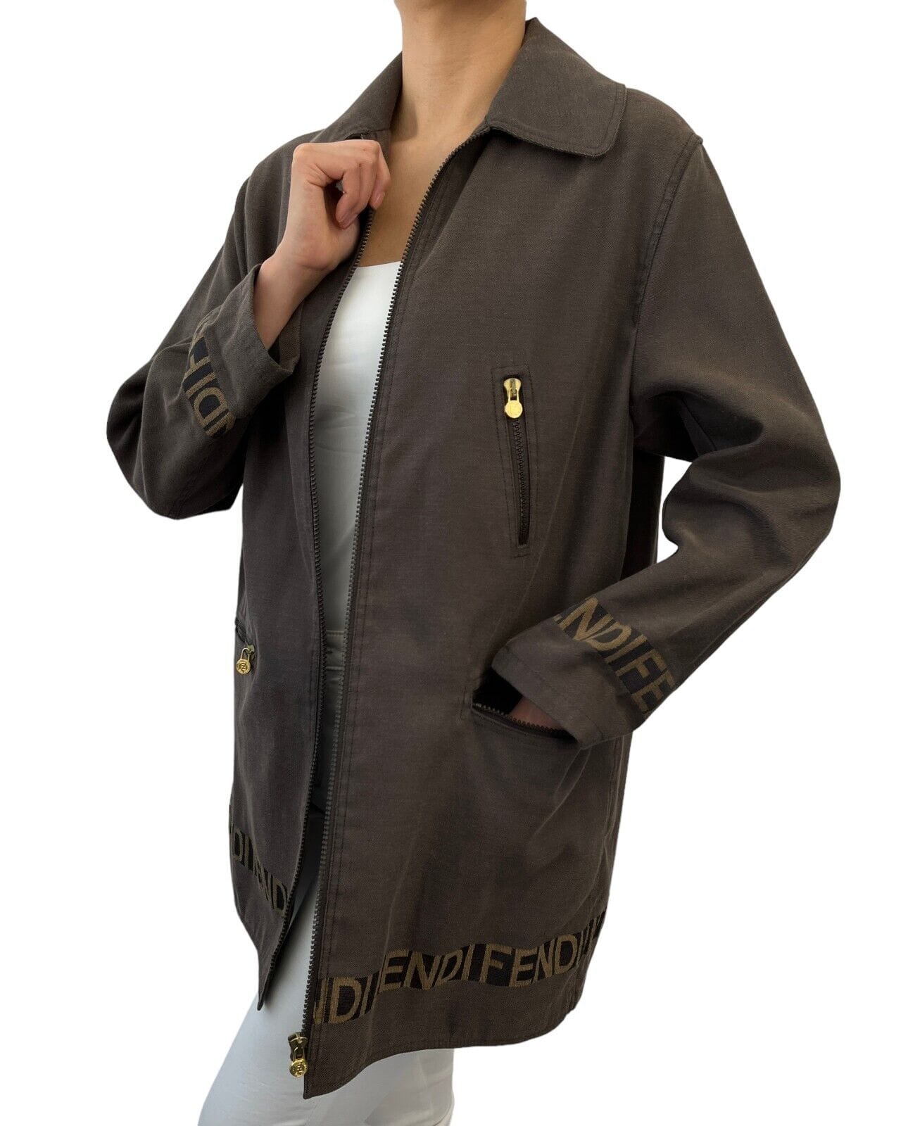 Luxury Promise Japan FENDI Vintage Logo Zipped Jacket #40 Polyester Cotton Brown Gold RankAB+