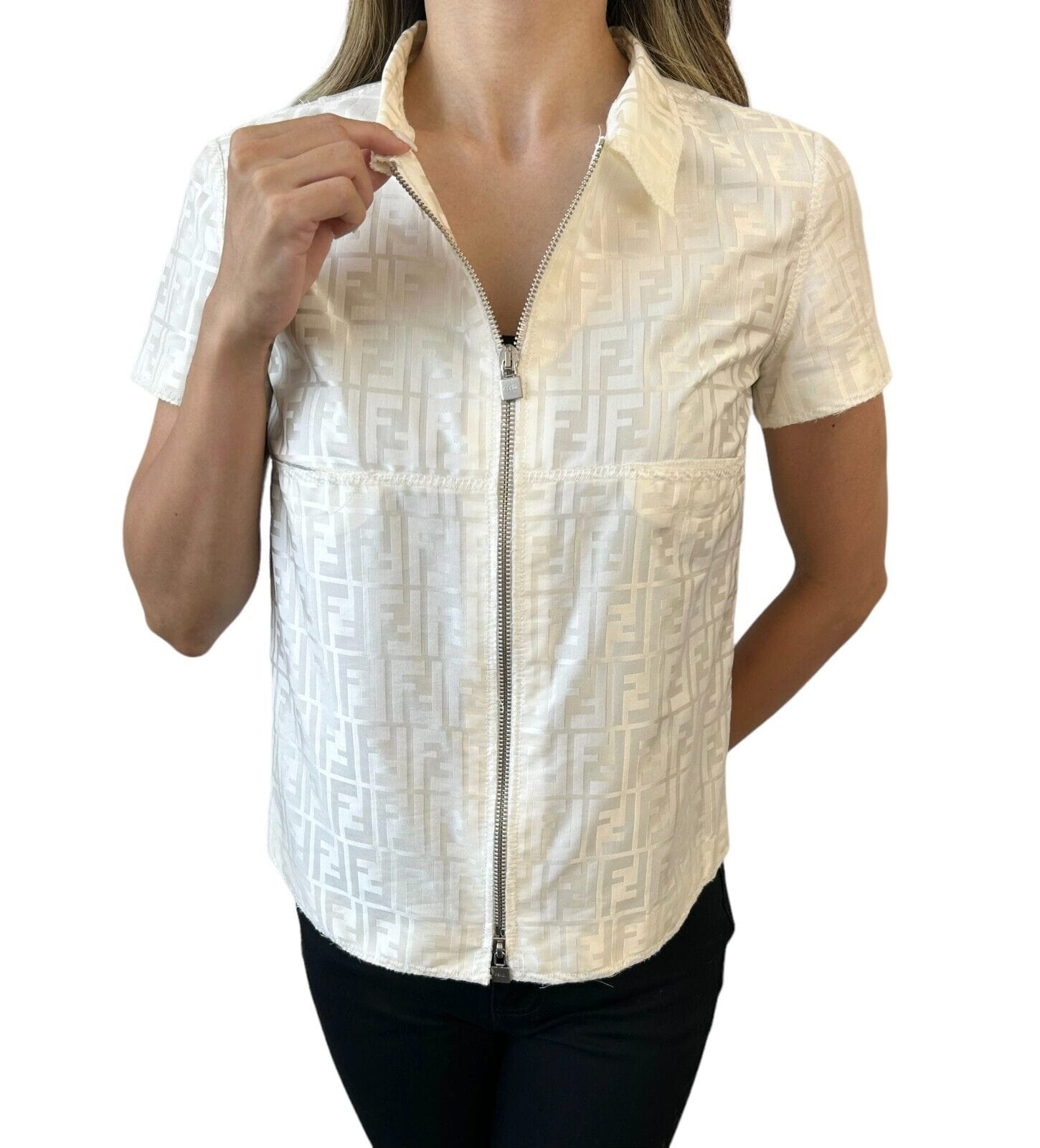 Luxury Promise Japan FENDI Vintage Zucca Monogram Logo Zipped Jacket #38 Short Sleeve Cream Rank AB