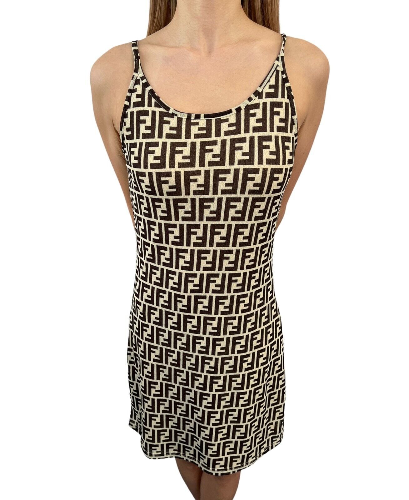 Luxury Promise Japan FENDI Vintage Zucca Monogram Dress #40 One-piece Beige Black Polyester RankAB