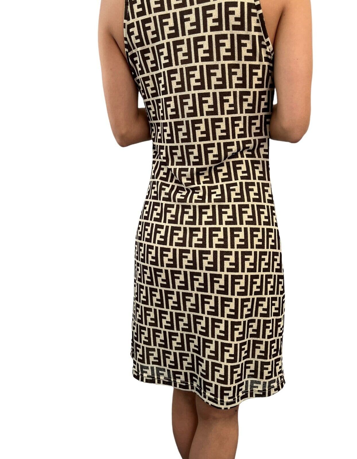 Luxury Promise Japan FENDI Vintage Zucca Monogram Dress #40 One-piece Beige Black Polyester RankAB