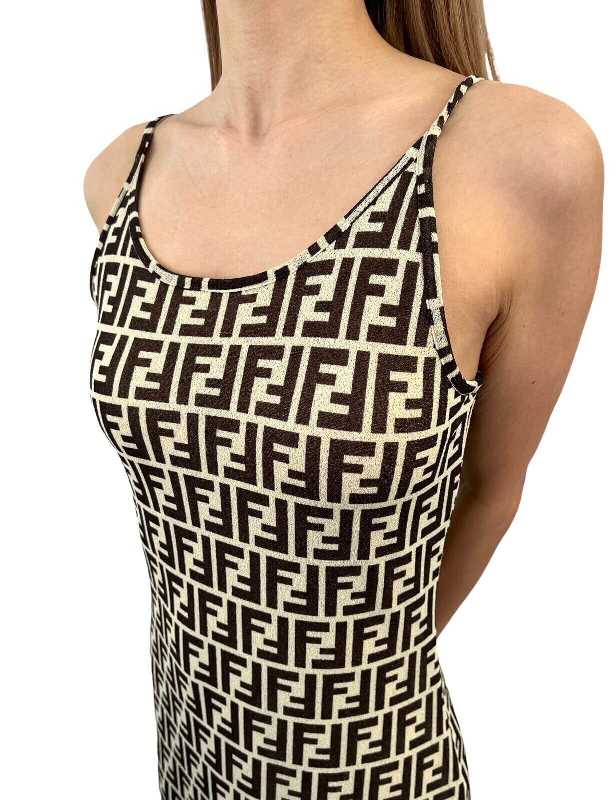 Luxury Promise Japan FENDI Vintage Zucca Monogram Dress #40 One-piece Beige Black Polyester RankAB