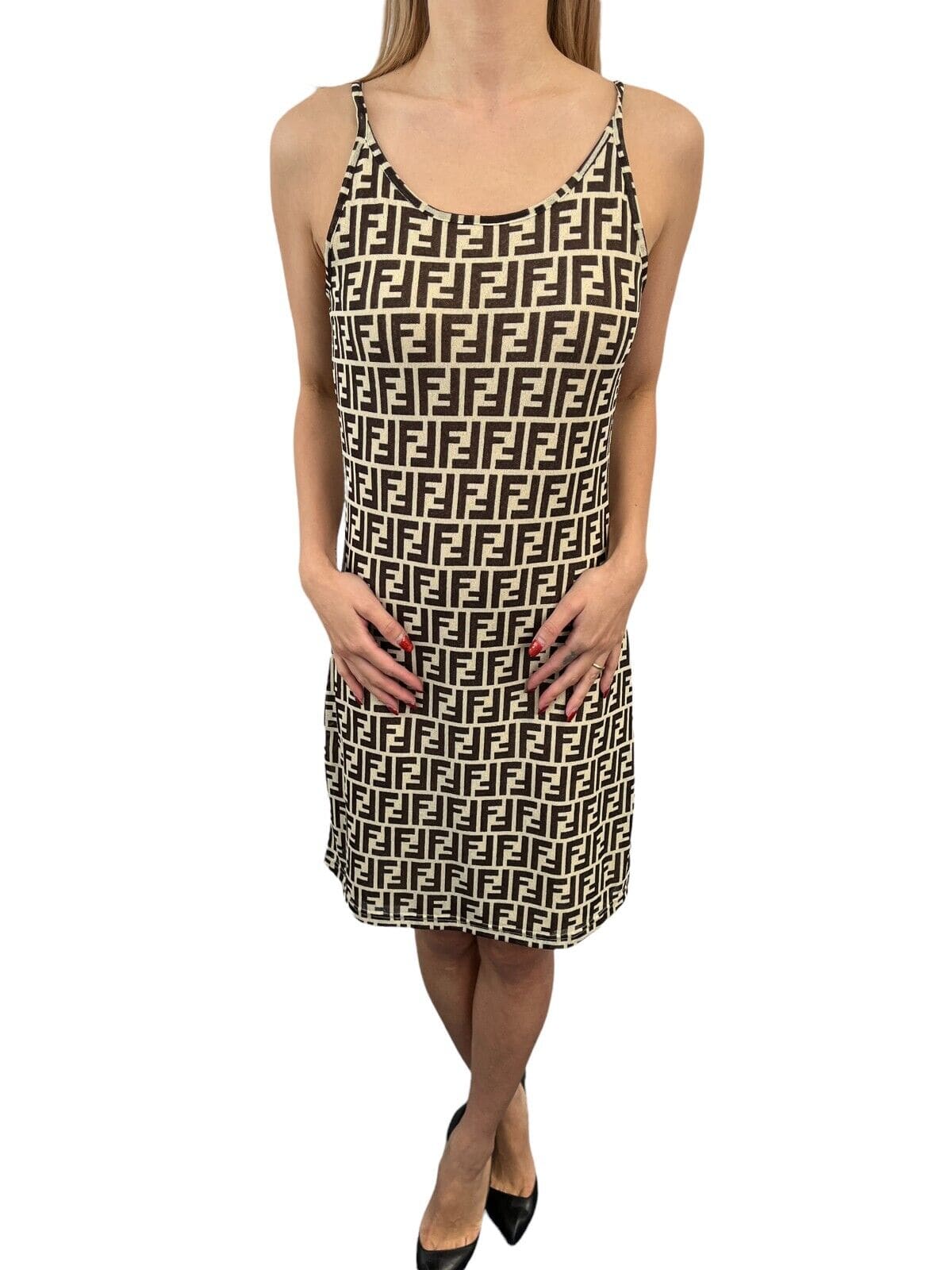 Luxury Promise Japan FENDI Vintage Zucca Monogram Dress #40 One-piece Beige Black Polyester RankAB