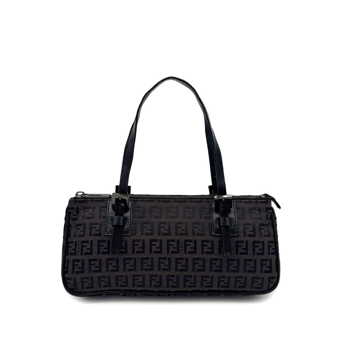 Luxury Promise Japan FENDI ZUCCHINO HAND BAG DARK BROWN BLACK CANVAS LEATHER 90299316