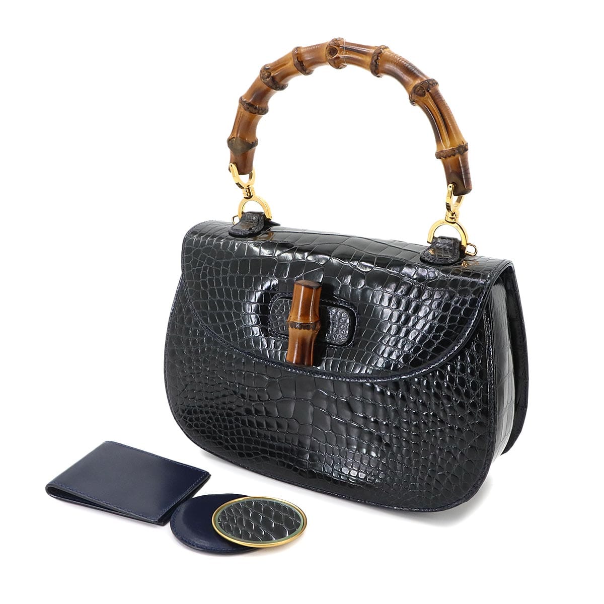 Luxury Promise Japan GUCCI Crocodile Bamboo Handbag, Navy, 000 1227 0633, Gold Hardware, Vintage, Bamboo Hand Bag, Gucci 90341388