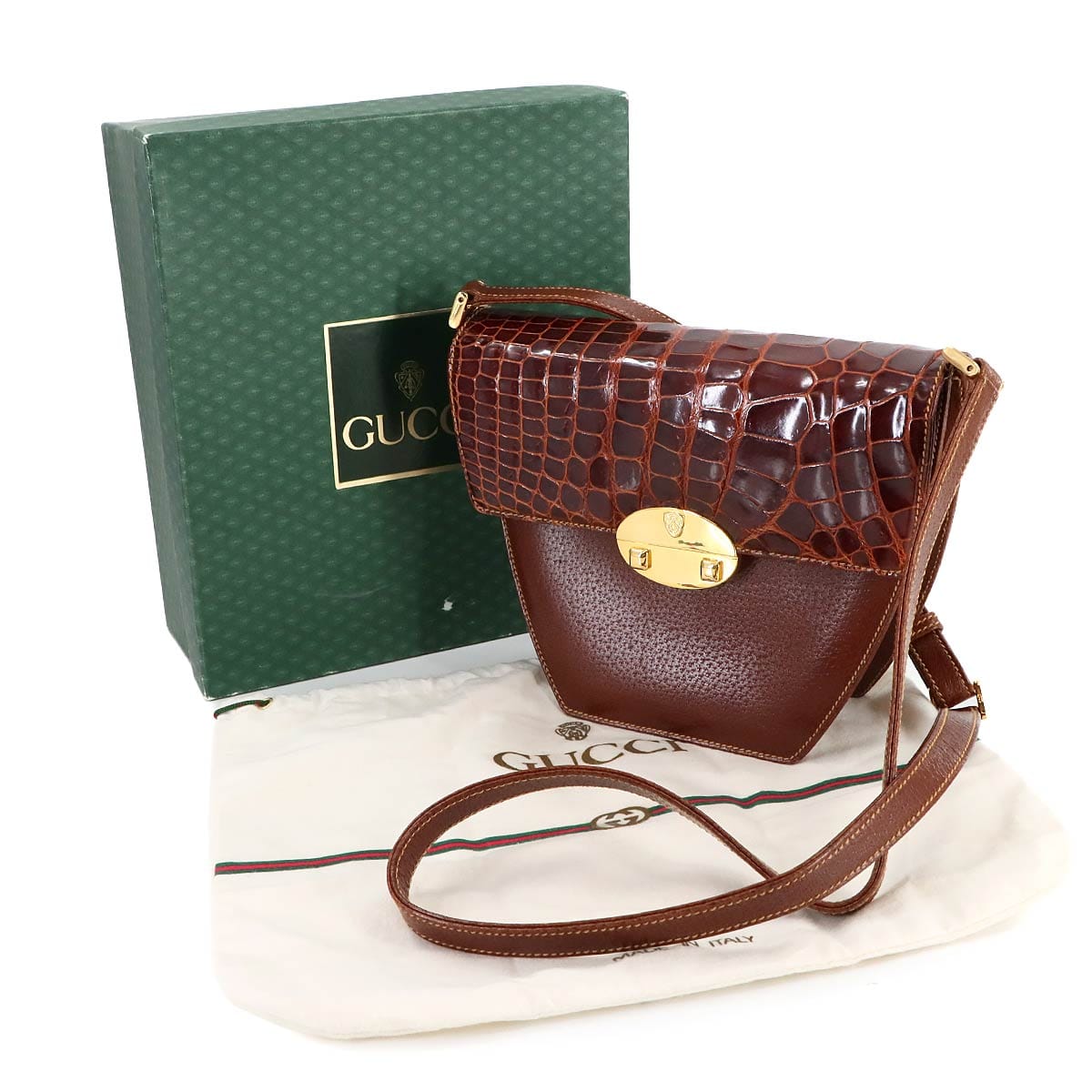 Luxury Promise Japan GUCCI Crocodile Leather Shoulder Bag, Brown, Gucci 90287546