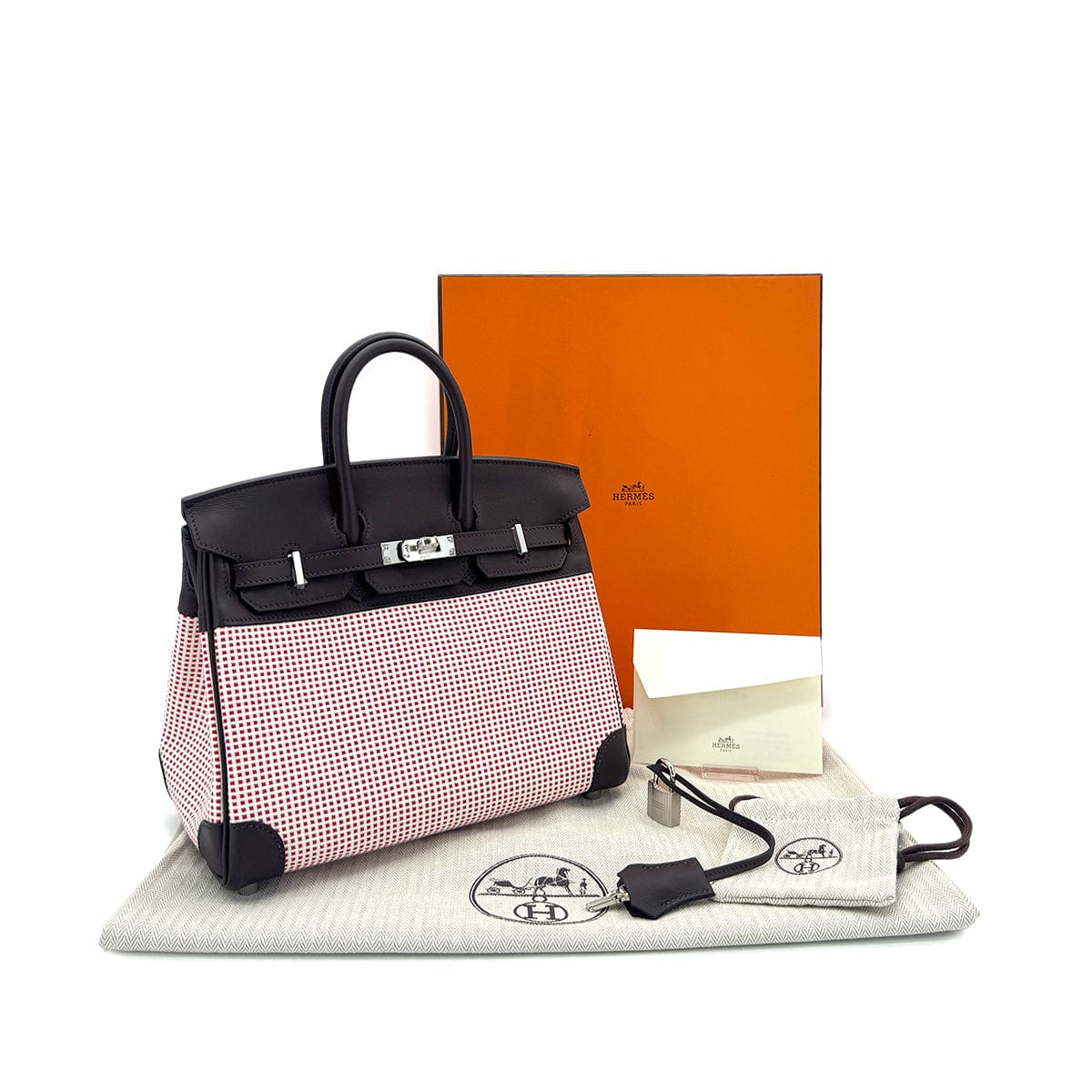 Luxury Promise Japan HERMES BIRKIN 25 ROUGE SELLIER ECRU FRAMBOISE VEAU SWIFT TOILE QUADRILLE HAND BAG B SHW 90294966