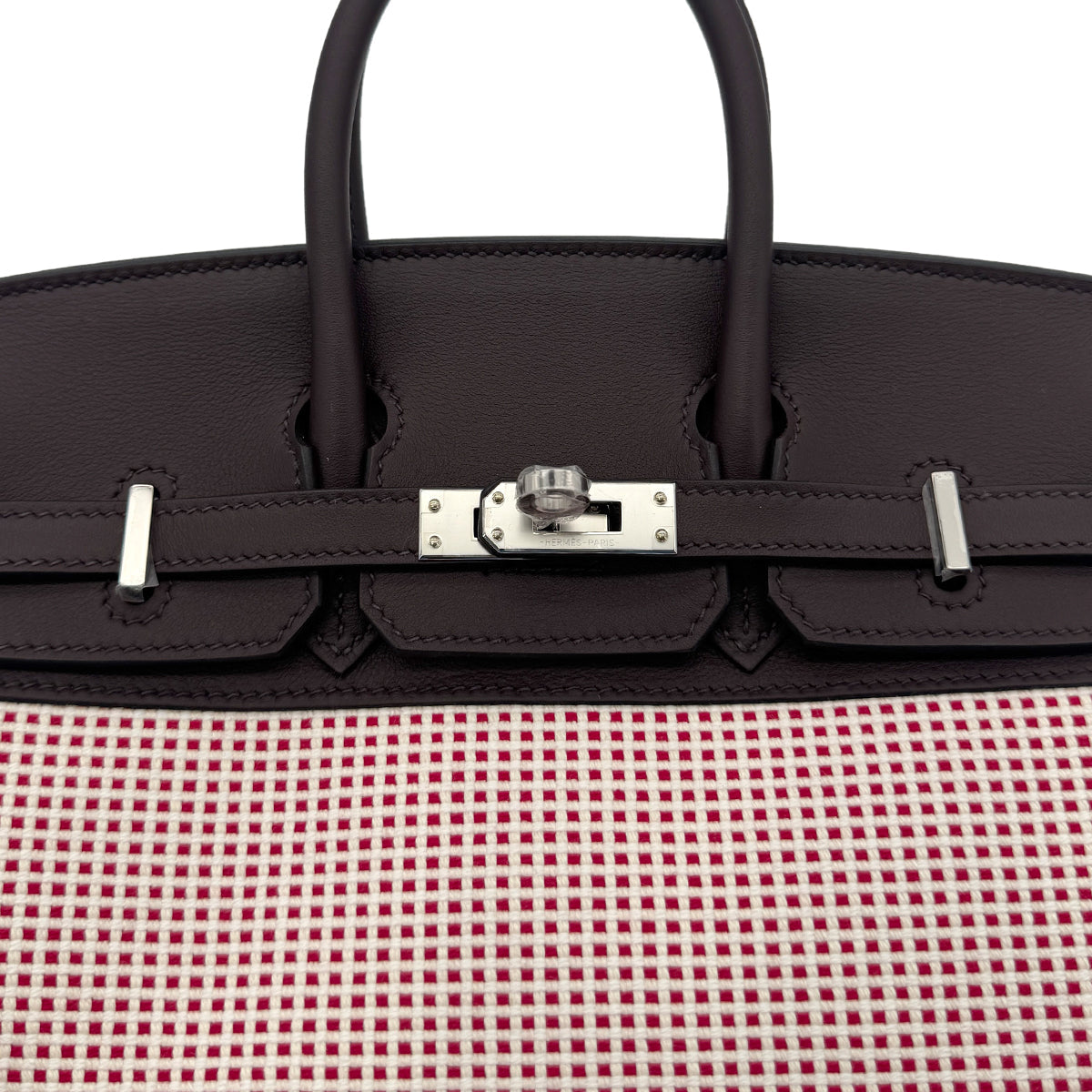 Luxury Promise Japan HERMES BIRKIN 25 ROUGE SELLIER ECRU FRAMBOISE VEAU SWIFT TOILE QUADRILLE HAND BAG B SHW 90294966