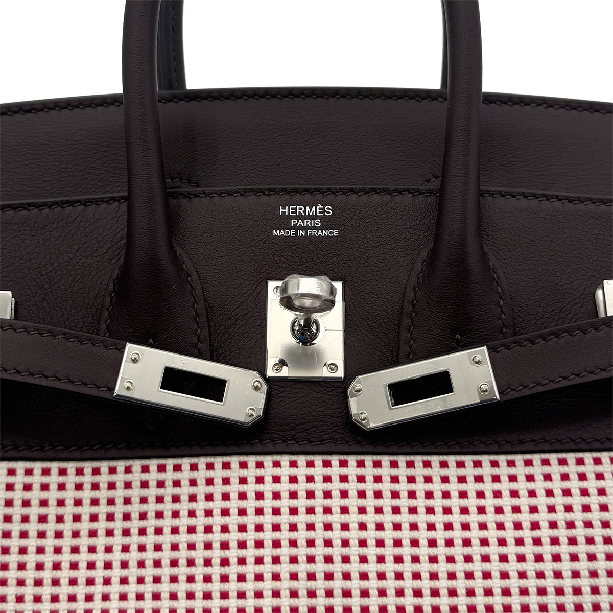 Luxury Promise Japan HERMES BIRKIN 25 ROUGE SELLIER ECRU FRAMBOISE VEAU SWIFT TOILE QUADRILLE HAND BAG B SHW 90294966