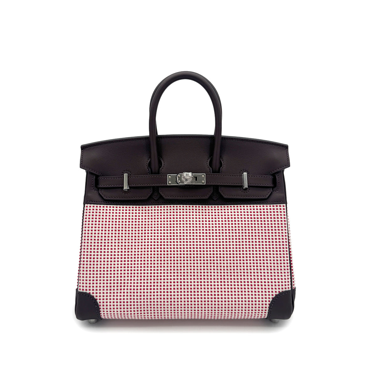 Luxury Promise Japan HERMES BIRKIN 25 ROUGE SELLIER ECRU FRAMBOISE VEAU SWIFT TOILE QUADRILLE HAND BAG B SHW 90294966