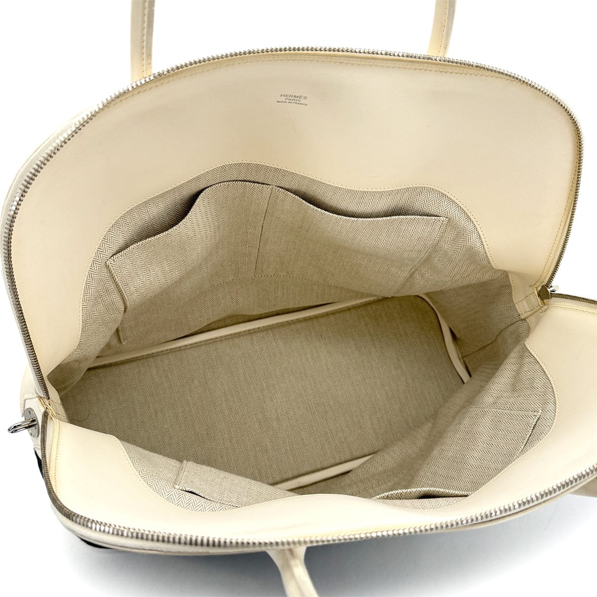 Luxury Promise Japan HERMES BOLIDE PADDOCK 40 WHITE TOILE JEAN VACHE HUNTER HAND BAG 2016 X STAMP PALLADIUM HARDWARE 90322529