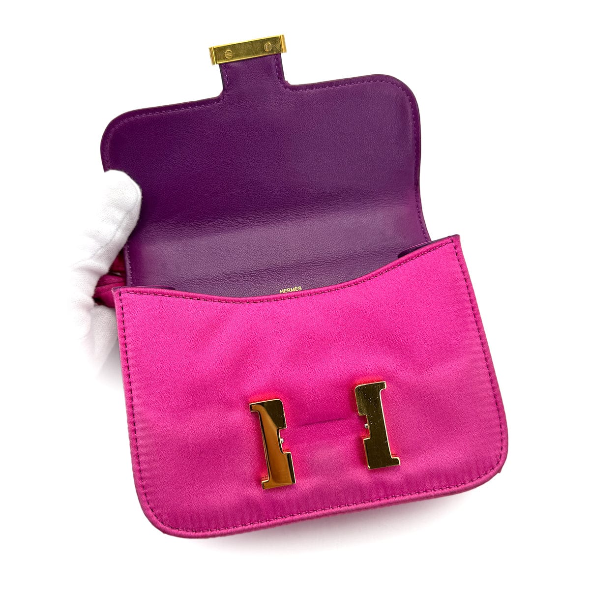 Luxury Promise Japan HERMES CONSTANCE3 14 MICRO ROSE TYRIEN SATIN SHOULDER BAG 2010 SQUARE N GOLD HARDWARE 90315021