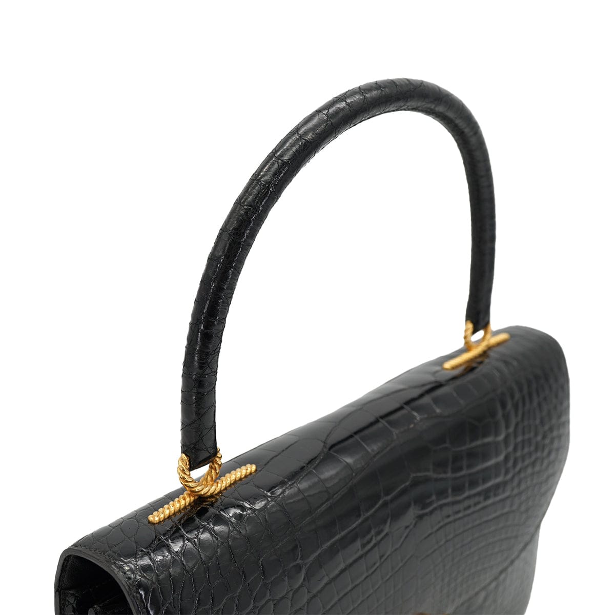 Luxury Promise Japan HERMES CORDELIERE ALLIGATOR BLACK HAND BAG 1990 CIRCLE T GOLD HARDWARE 90335570