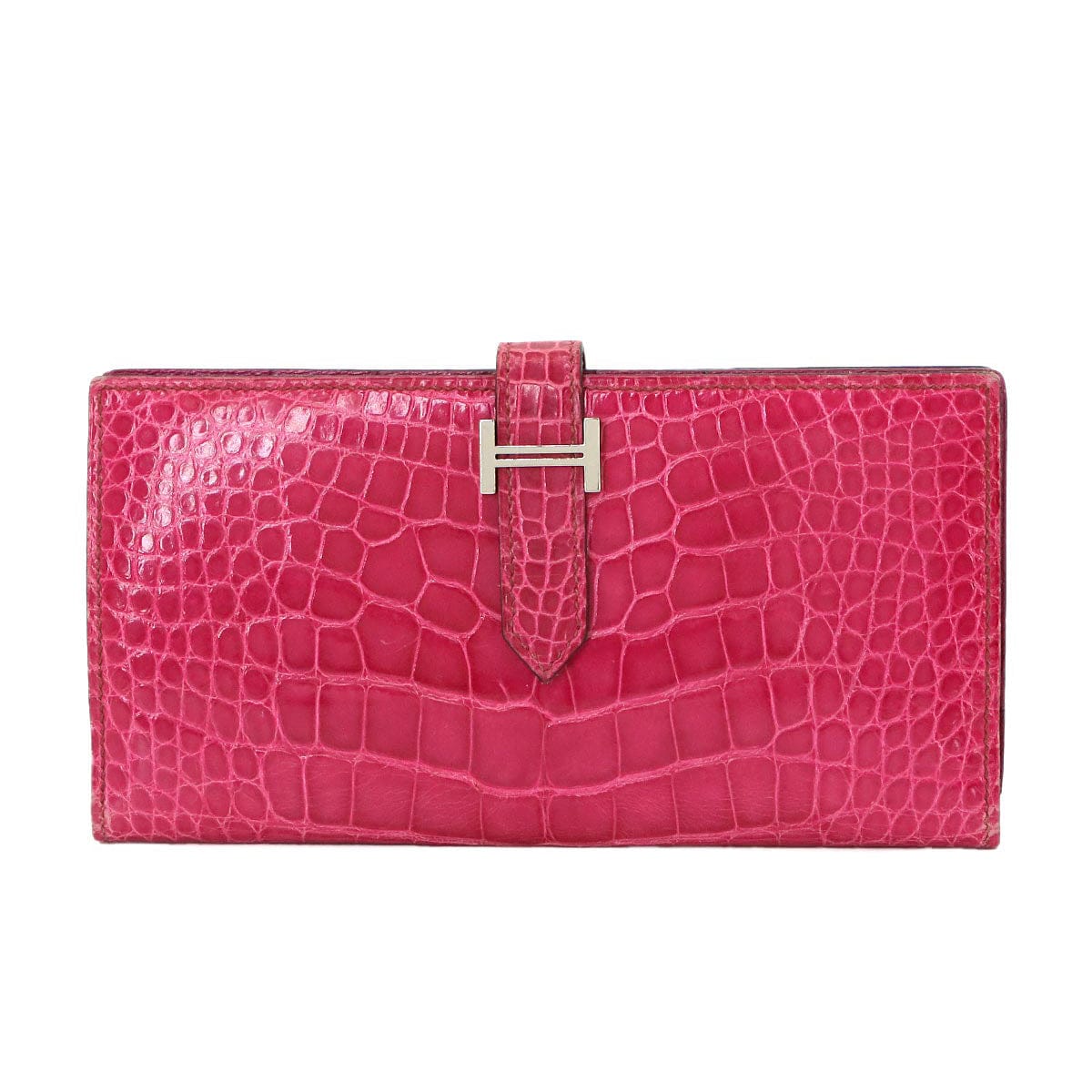 Luxury Promise Japan *HERMES Crocodile Alligator Bearn Soufflet Long Wallet, Fuchsia Pink, □L Stamp, Hermes 90338603