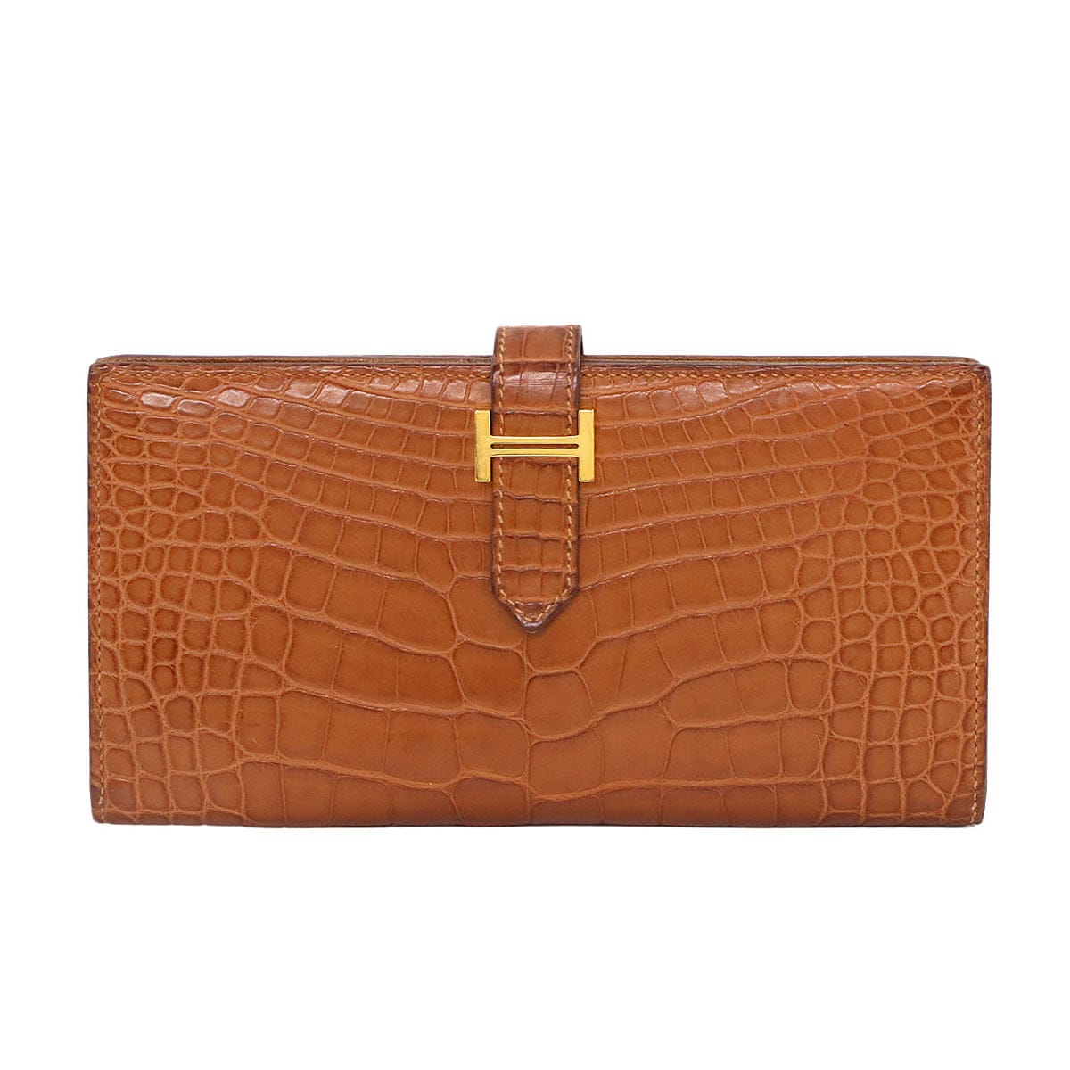 Luxury Promise Japan HERMES Crocodile Alligator Bearn Soufflet Long Wallet, Gold, U Stamp, Gold Hardware, Hermes 90340016