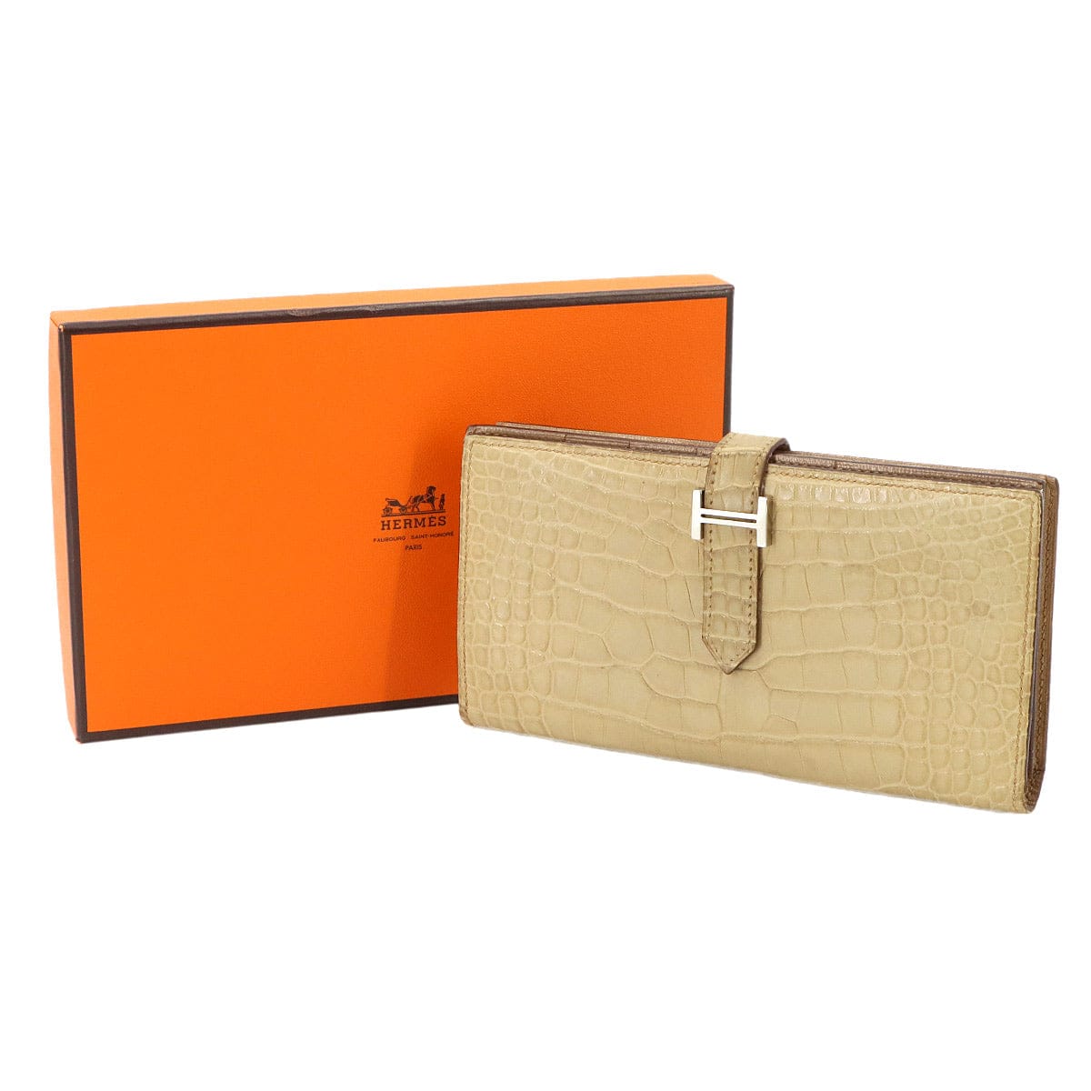 Luxury Promise Japan *HERMES Crocodile Alligator Bearn Soufflet Long Wallet, □M stamp, Silver Hardware, Hermes 90338604