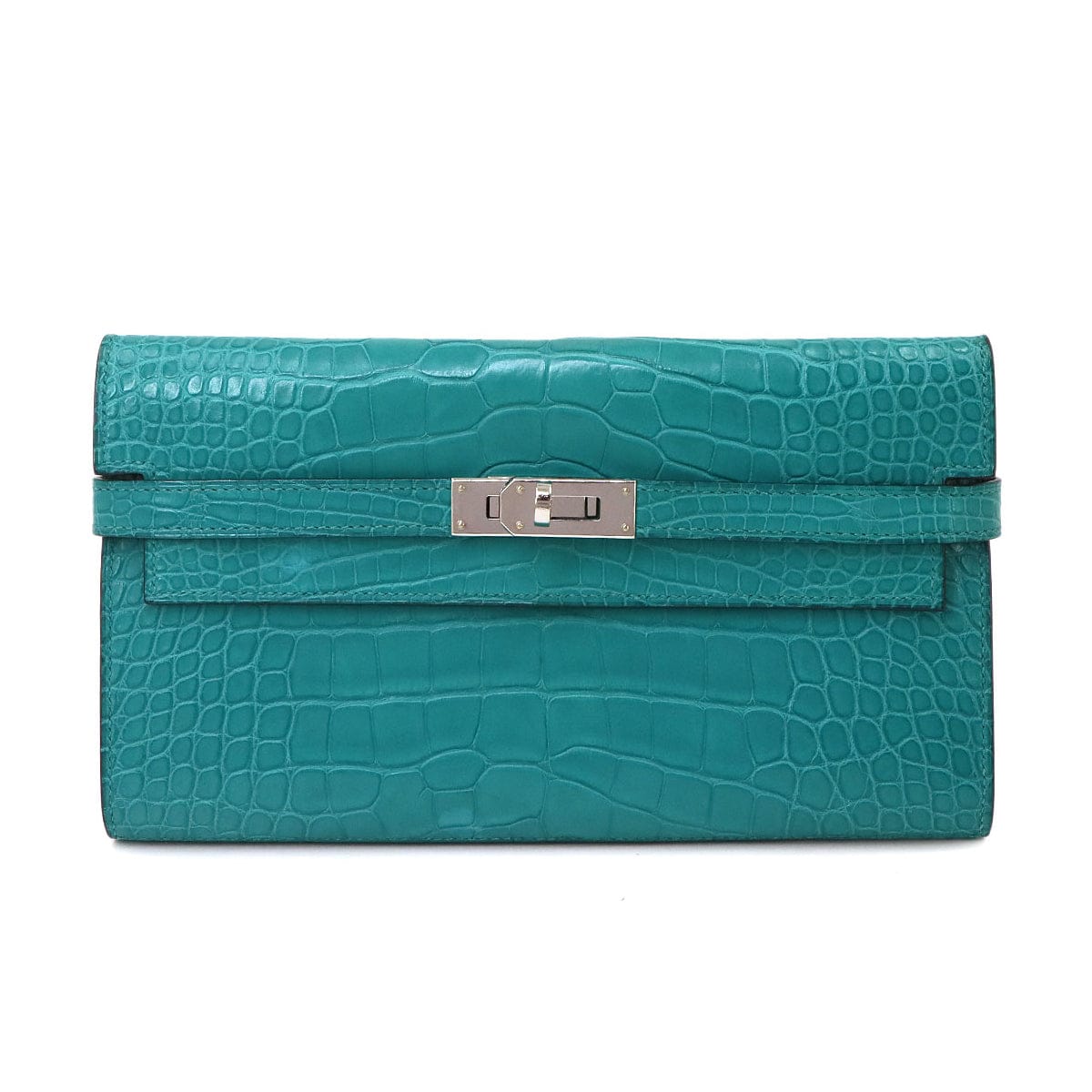 Luxury Promise Japan HERMES Crocodile Alligator Kelly Wallet, Bi-fold Long Wallet, Blue Paon, A Stamp, Silver Hardware, Kelly Wallet, Hermes 90343874