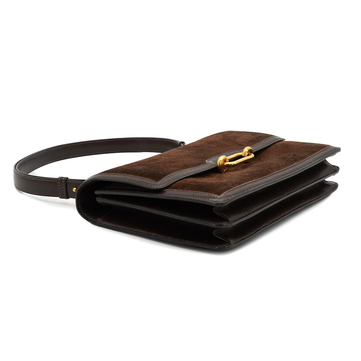 Luxury Promise Japan HERMES FONSBELLE CHOCOLAT DEBRIS BOX CALF SHOULDER BAG 1973 CIRCLE C GOLD HARDWARE 90327300