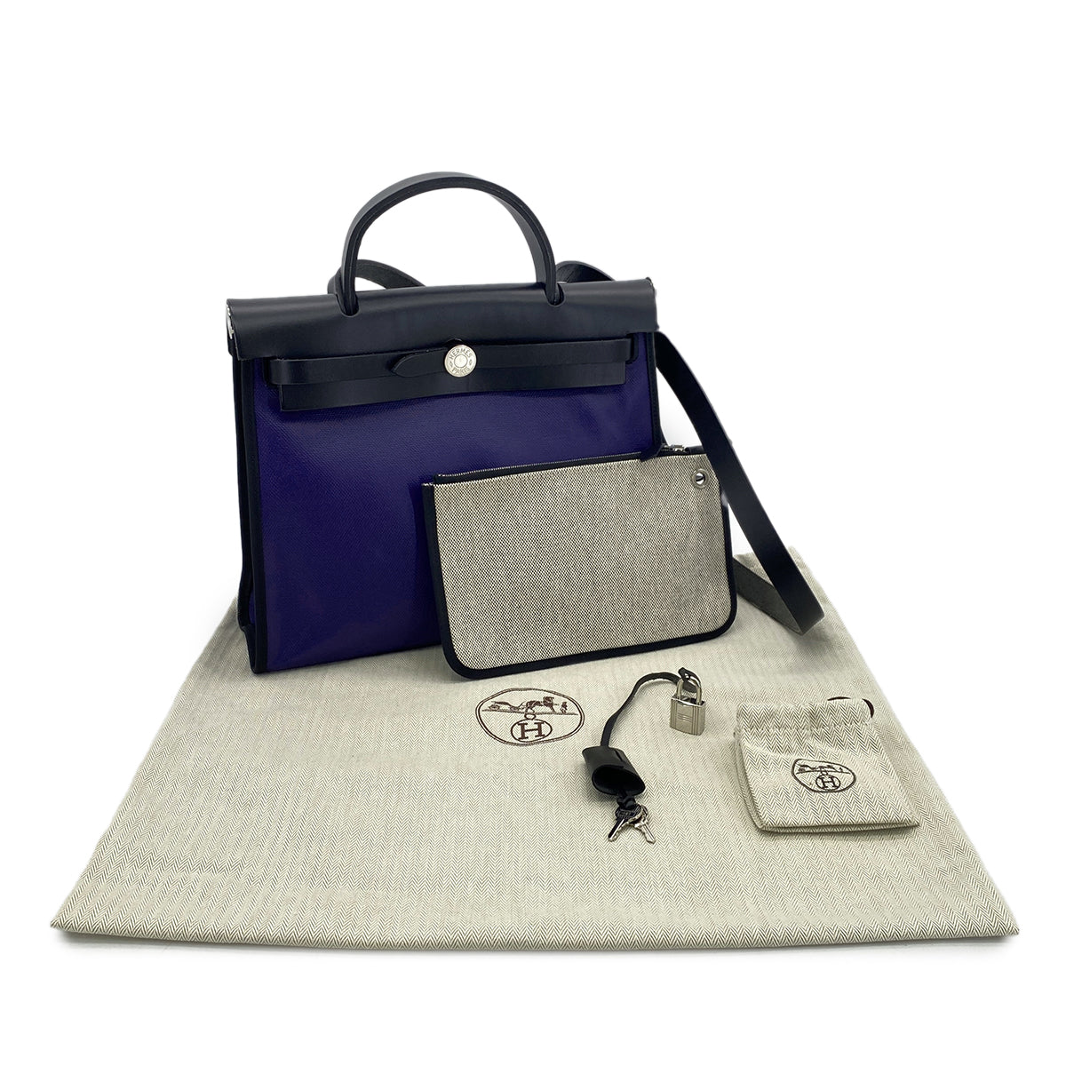 Luxury Promise Japan HERMES HER BAG ZIP PM 31 BLEU ENCRE BLACK TOILE H BERLINE VACHE HUNTER HAND SHOULDER BAG C 90296673