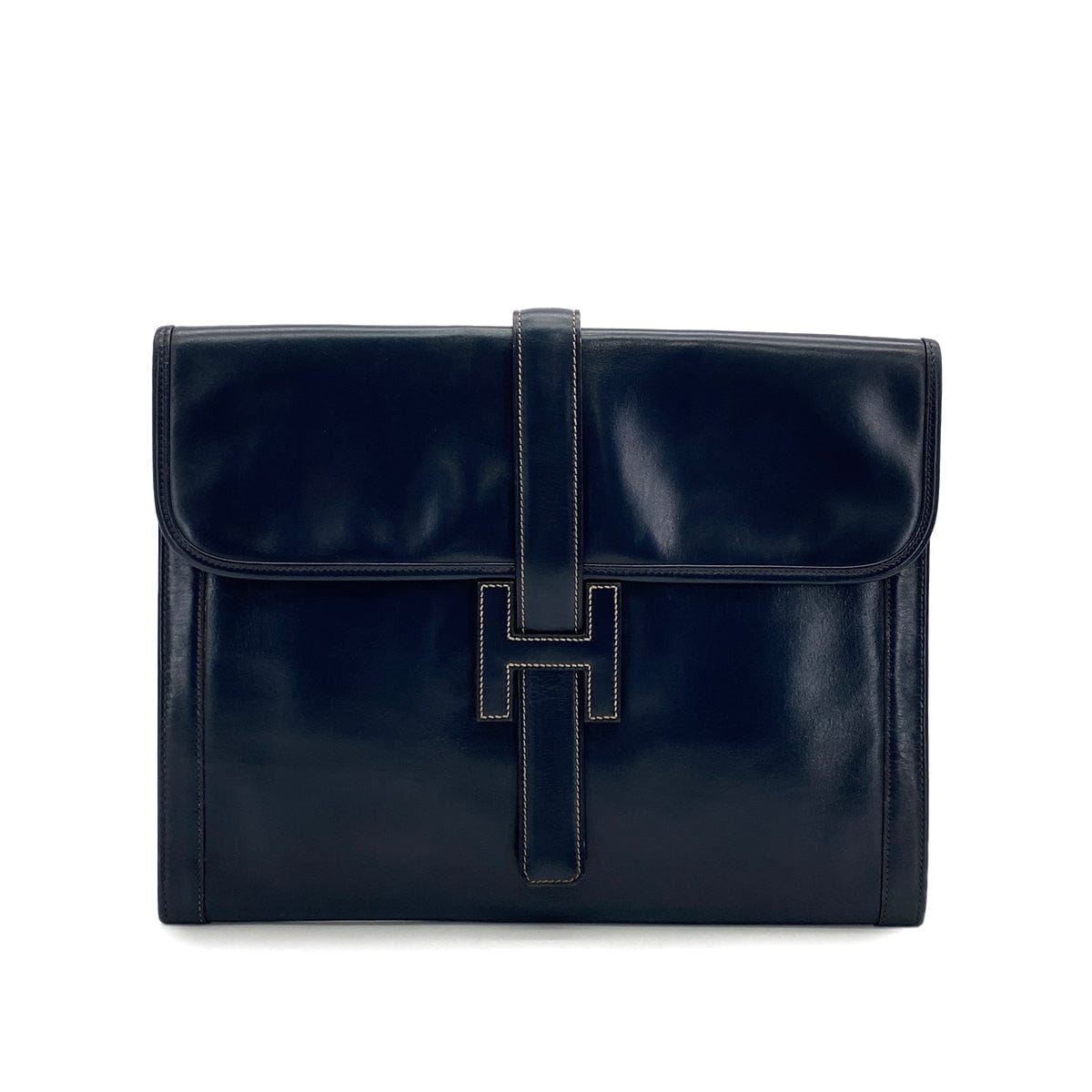 Luxury Promise Japan HERMES JIGE GM BLUE MARINE BOXCALF CLUTCH BAG 1980 CIRCLE J 90314767