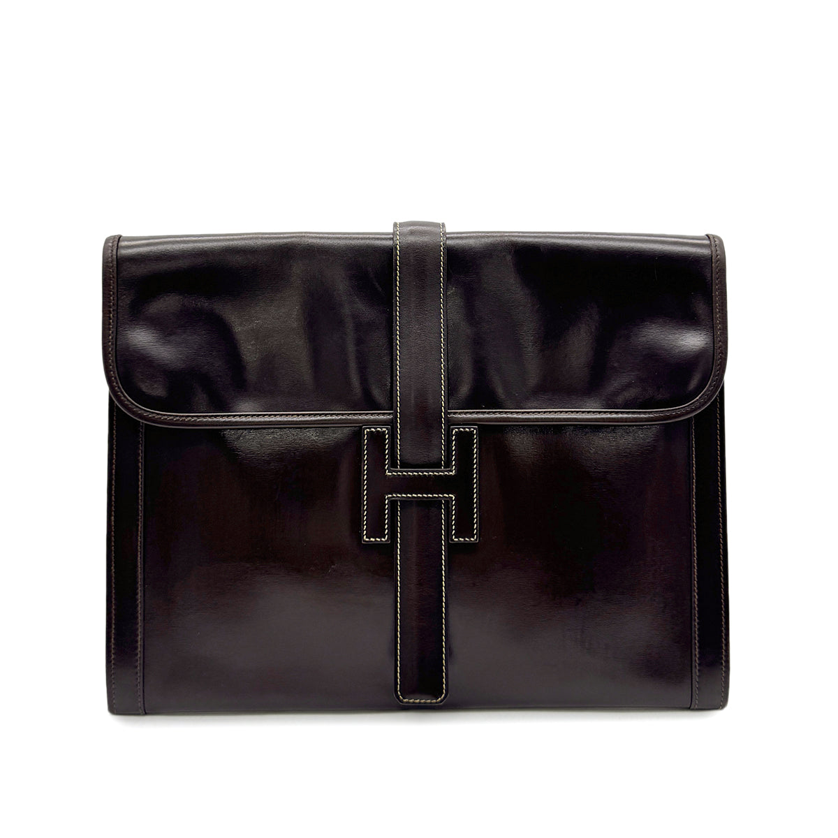 Luxury Promise Japan HERMES JIGE GM EBENE BOXCALF CLUTCH BAG 〇K 90293024
