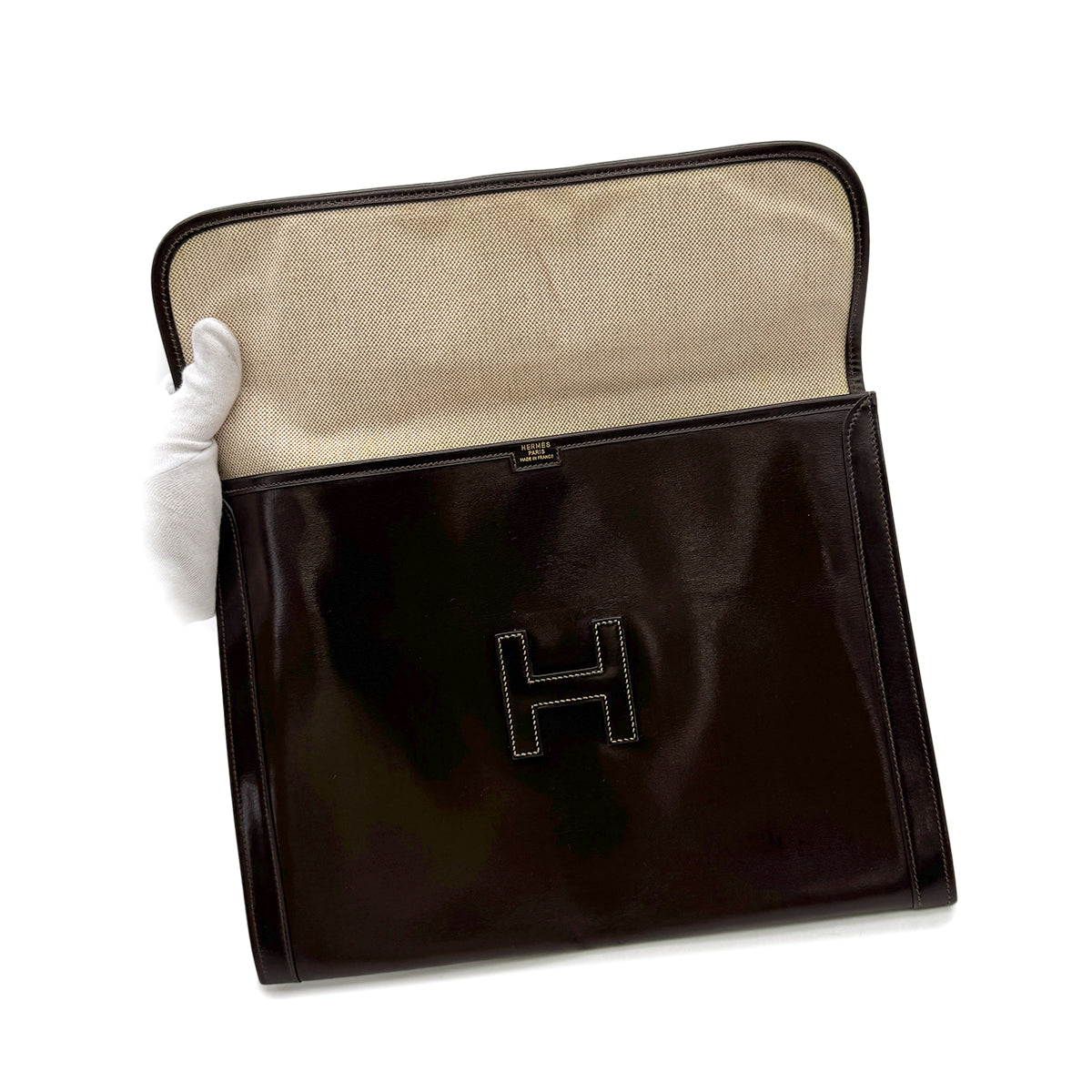 Luxury Promise Japan HERMES JIGE GM EBENE BOXCALF CLUTCH BAG 〇K 90293024