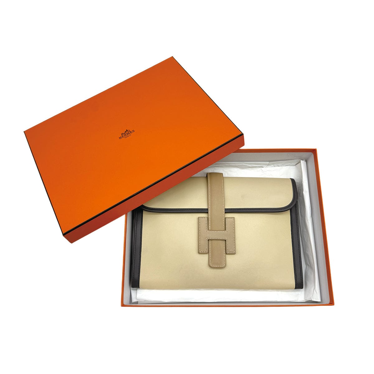 Luxury Promise Japan HERMÈS JIGE PM CLUTCH BAG ECRU GRAPHITE BISCUIT BOX CALF 2000 SQUARE D 90313411