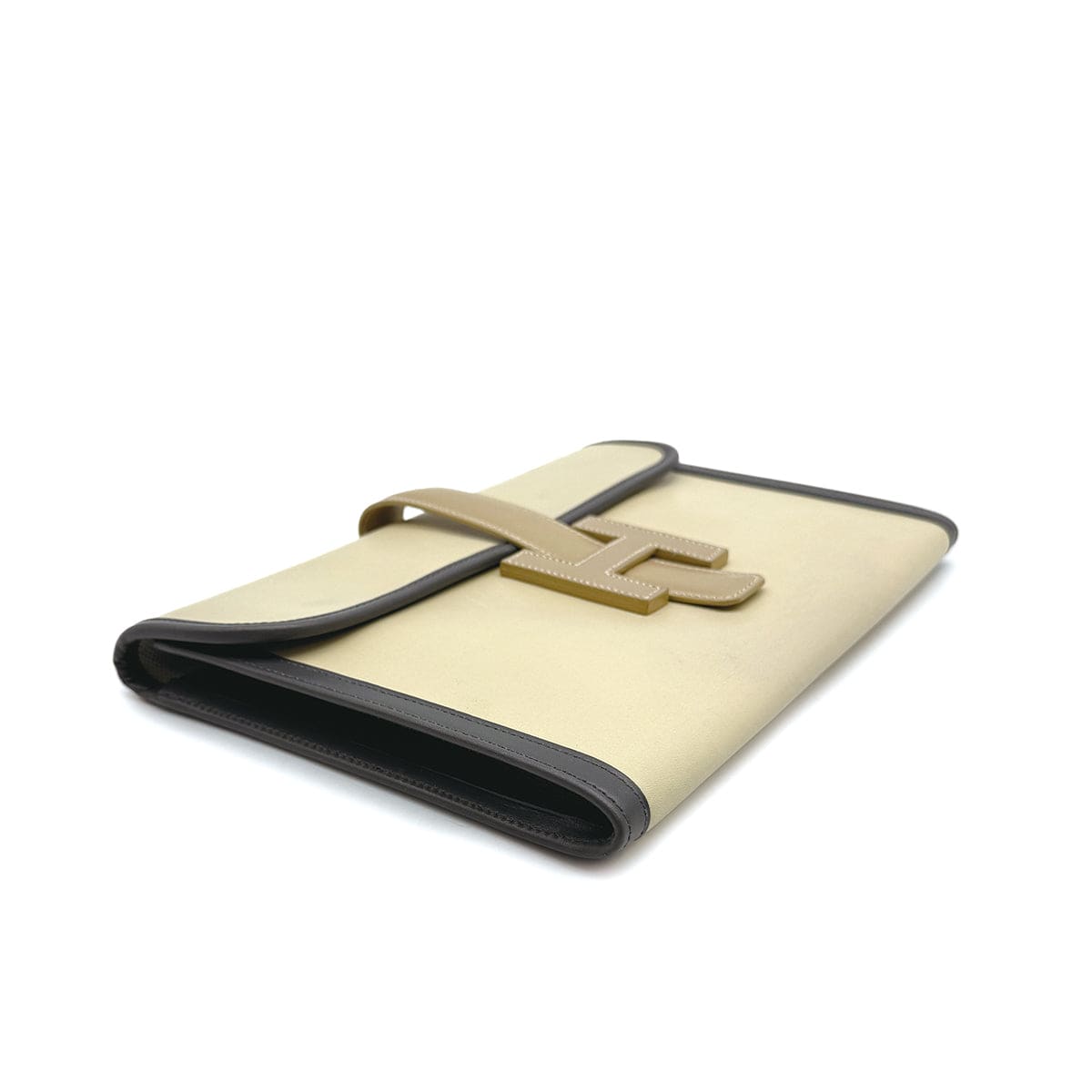 Luxury Promise Japan HERMÈS JIGE PM CLUTCH BAG ECRU GRAPHITE BISCUIT BOX CALF 2000 SQUARE D 90313411