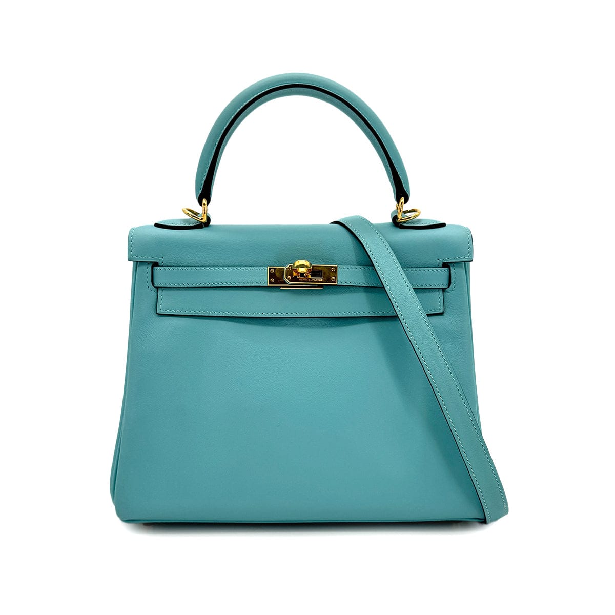 Luxury Promise Japan HERMES KELLY 25 RETOURNE BLUE SAINT CYR SWIFT HAND SHOULDER BAG 2015 T GOLD HARD WARE 90300009