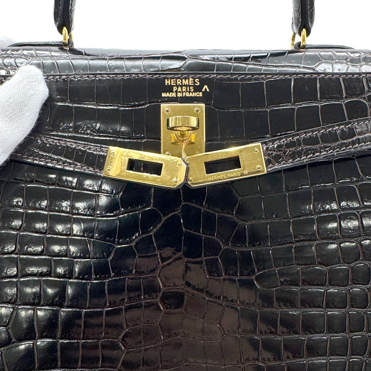 Luxury Promise Japan HERMES KELLY 25 SELLIER DARK BROWN POROSUS CROCODILE HAND SHOULDER BAG □C GHW 90305676