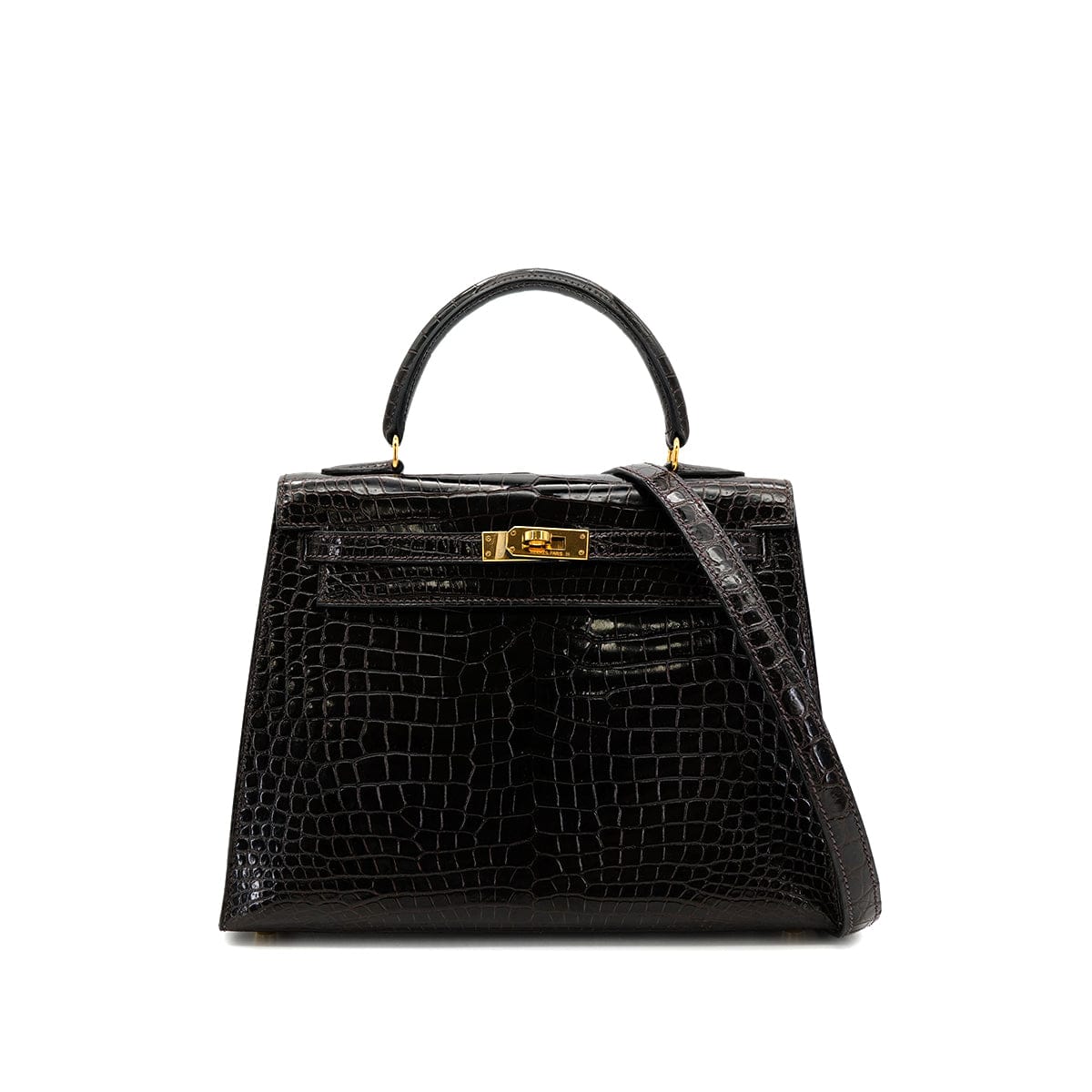 Luxury Promise Japan HERMES KELLY 25 SELLIER DARK BROWN POROSUS CROCODILE HAND SHOULDER BAG □C GHW 90305676