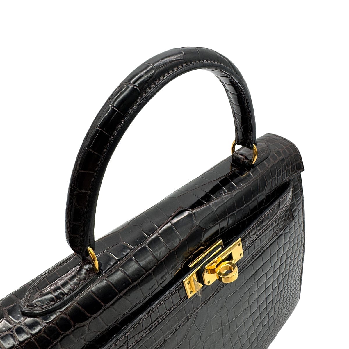 Luxury Promise Japan HERMES KELLY 25 SELLIER DARK BROWN POROSUS CROCODILE HAND SHOULDER BAG □C GHW 90305676