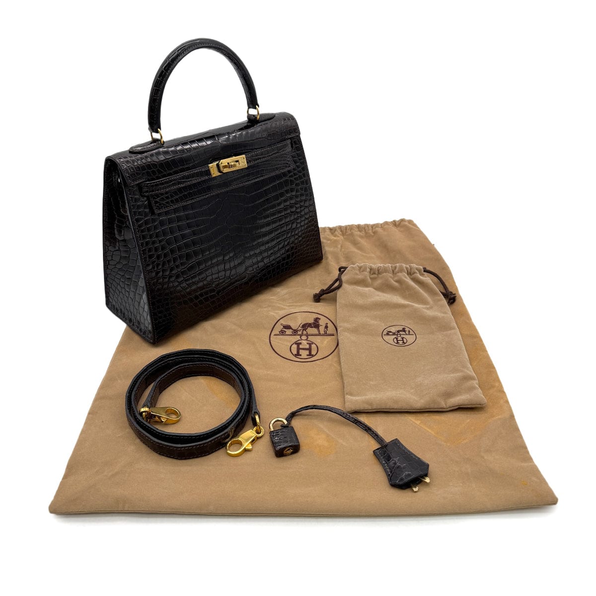Luxury Promise Japan HERMES KELLY 25 SELLIER DARK BROWN POROSUS CROCODILE HAND SHOULDER BAG □C GHW 90305676