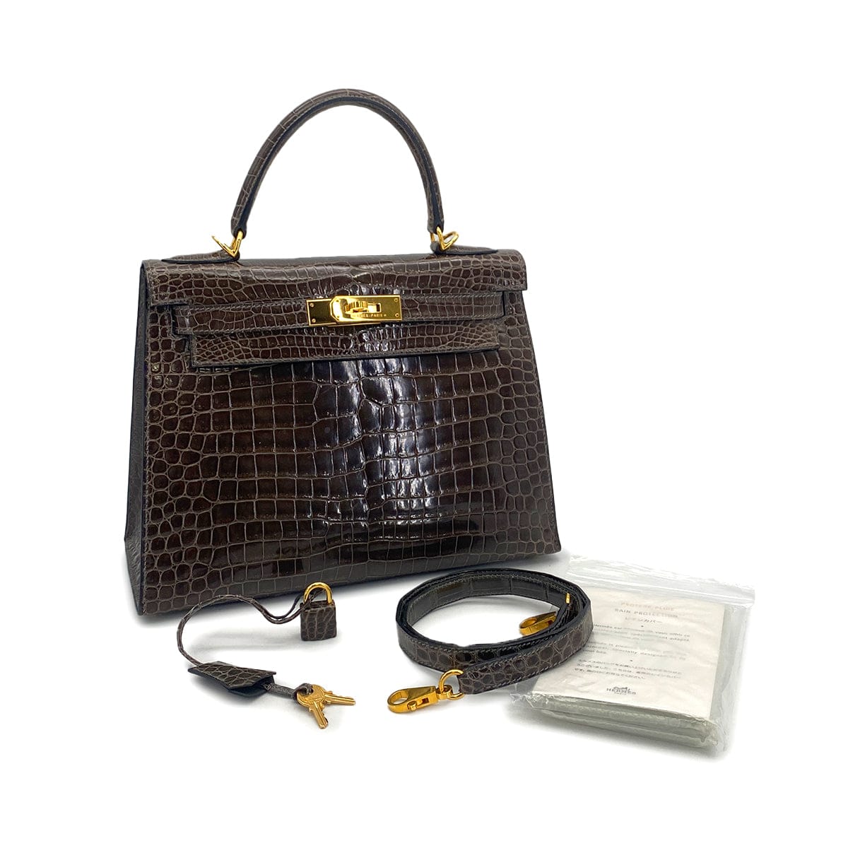 Luxury Promise Japan HERMES KELLY 28 GRIS ELEPHANT POROSUS CROCODILE HAND SHOULDER BAG 2001 SQUARE E GOLD HARDWARE 90323190