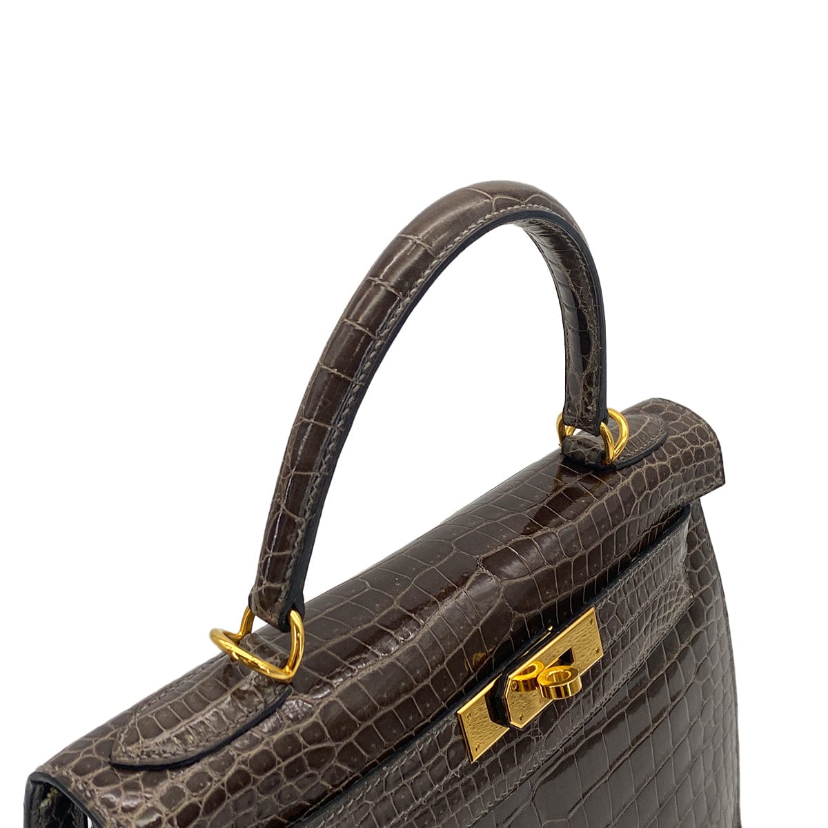 Luxury Promise Japan HERMES KELLY 28 GRIS ELEPHANT POROSUS CROCODILE HAND SHOULDER BAG 2001 SQUARE E GOLD HARDWARE 90323190