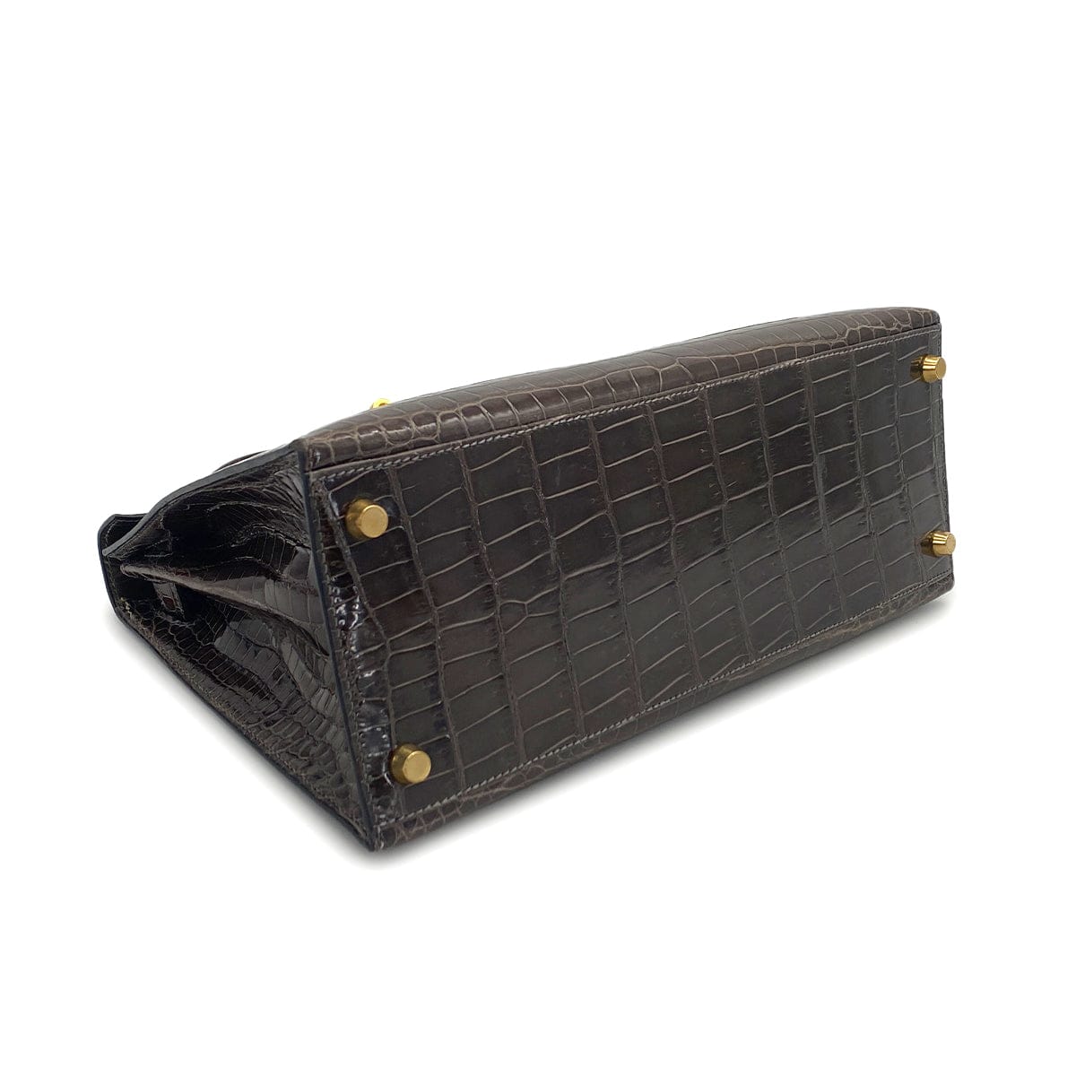 Luxury Promise Japan HERMES KELLY 28 GRIS ELEPHANT POROSUS CROCODILE HAND SHOULDER BAG 2001 SQUARE E GOLD HARDWARE 90323190