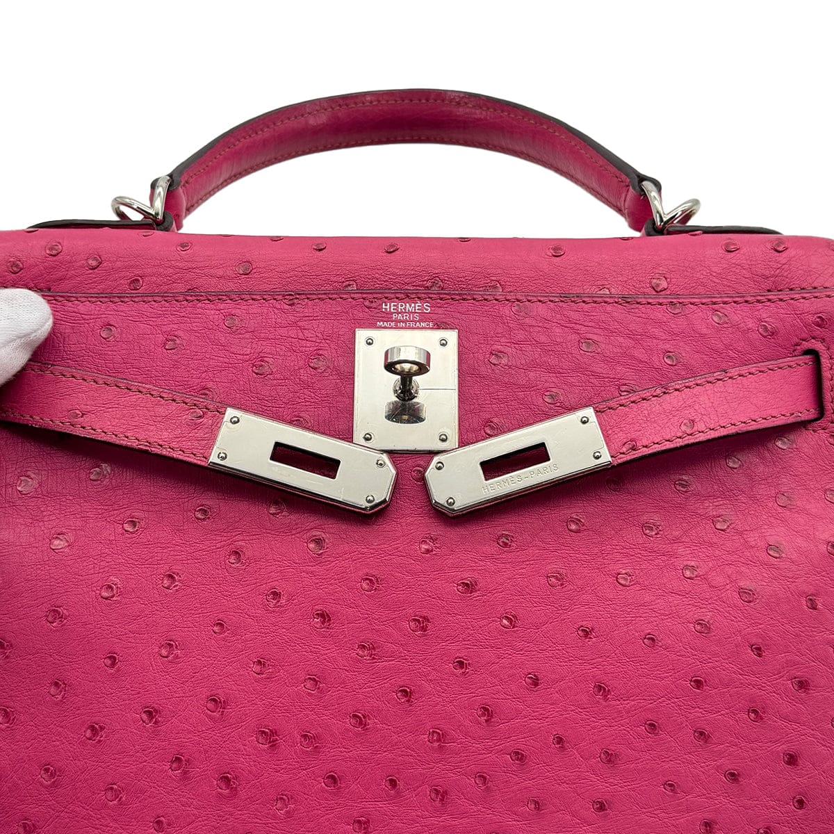 Luxury Promise Japan HERMES KELLY 28 RETORNE FUCHSIA OSTRICH HAND SHOULDER BAG 2004 SQUARE H PALLADIUM HARDWARE 90318618