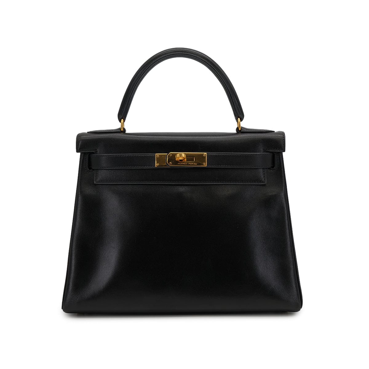 Luxury Promise Japan HERMES KELLY 28 RETOURNE BLACK BOXCALF HAND BAG 1992 CIRCLE V GOLD HARDWARE 90324219