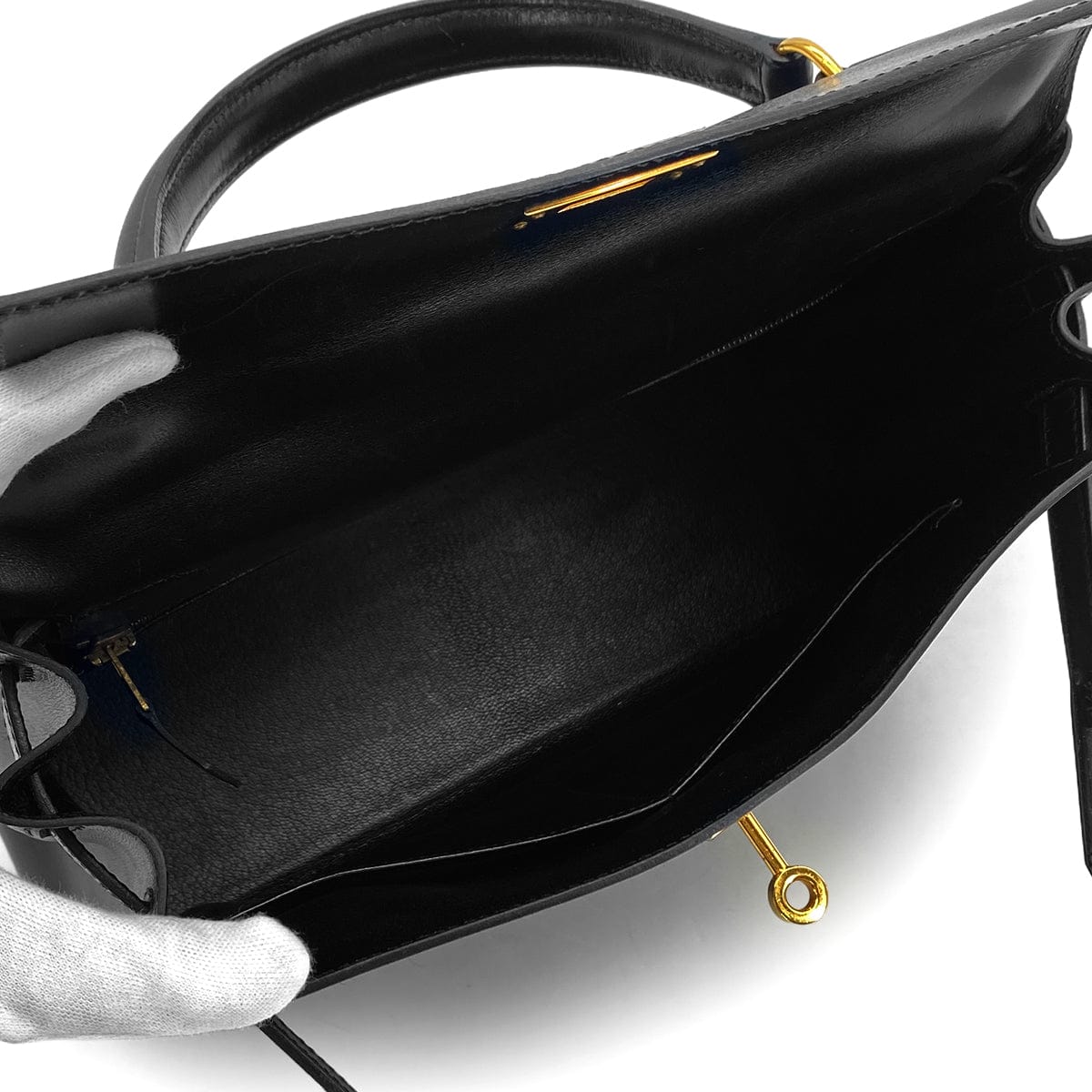 Luxury Promise Japan HERMES KELLY 28 RETOURNE BLACK BOXCALF HAND SHOULDER BAG 1999 SQUARE C GOLD HARDWARE 90324139
