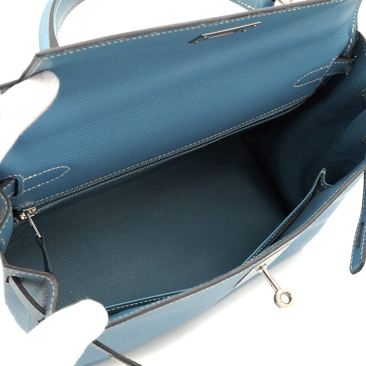 Luxury Promise Japan HERMES KELLY 28 RETOURNE BLUE JEAN VEAU EPSOM 2008 SQUARE L PALLADIUM HARDWARE 90341429