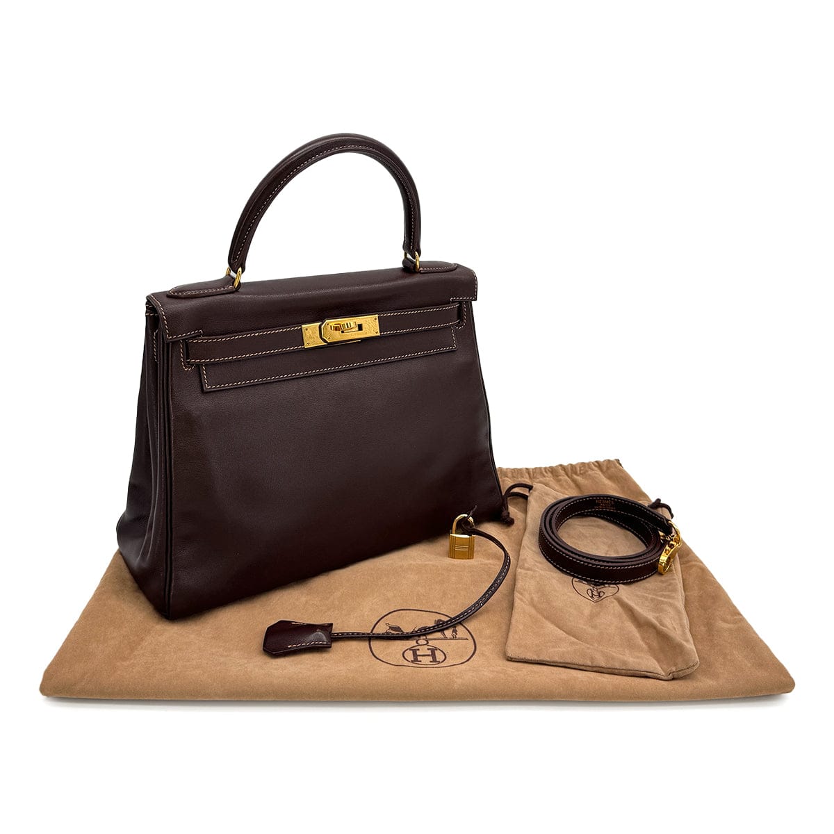 luxury promise japan HERMES KELLY 28 RETOURNE CHOCOLAT VEAU GULLIVER HAND SHOULDER BAG 1996 CIRCLE Z GOLD HARDWARE 90313345
