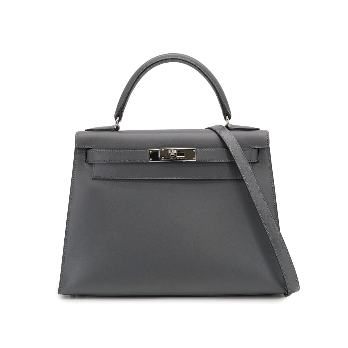 Luxury Promise Japan HERMES KELLY 28 SELLIER ARDOISE BOXCALF HAND SHOULDER BAG 1999 SQUARE C SILVER HARDWARE 90325595