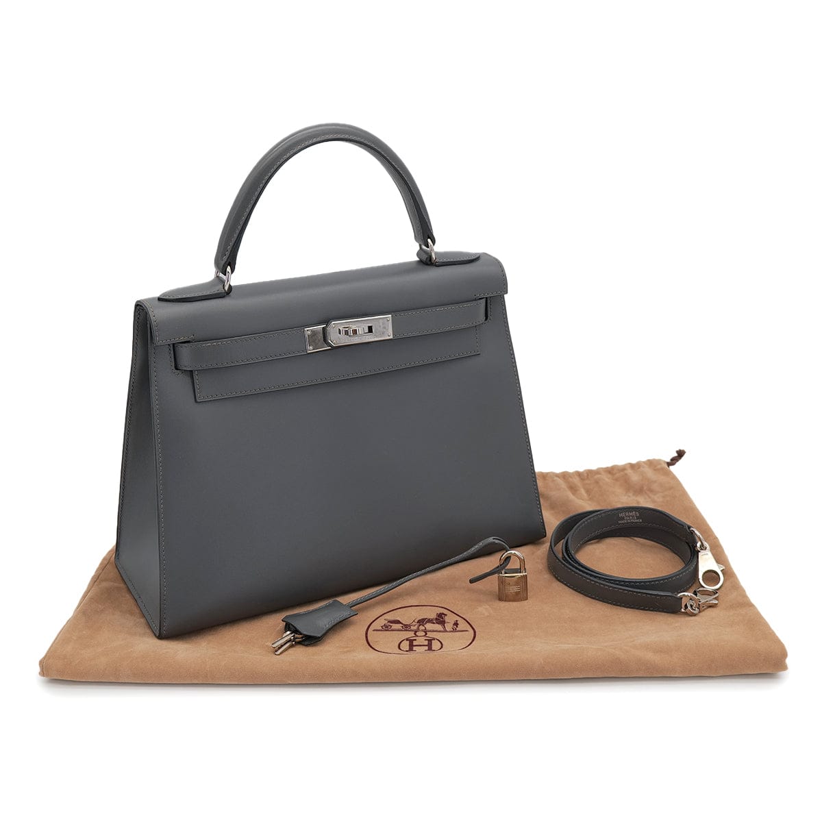 Luxury Promise Japan HERMES KELLY 28 SELLIER ARDOISE BOXCALF HAND SHOULDER BAG 1999 SQUARE C SILVER HARDWARE 90325595