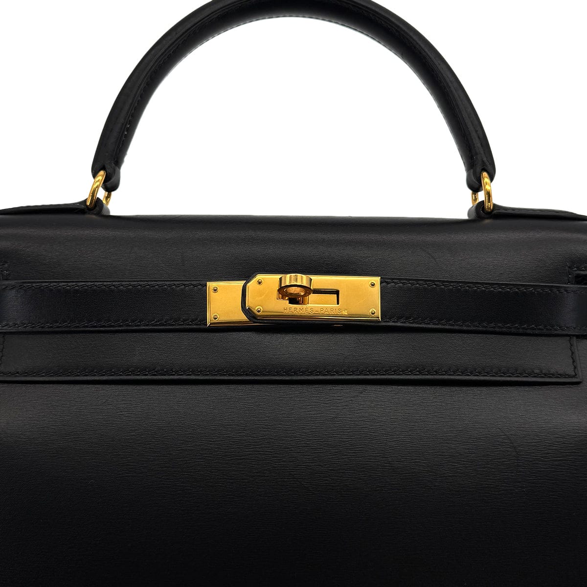 Luxury Promise Japan HERMES KELLY 28 SELLIER BLACK BOXCALF HAND SHOULDER BAG 1999 SQUARE C GOLD HARDWARE 90318200