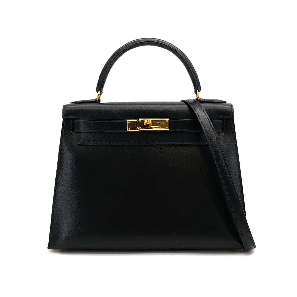Luxury Promise Japan HERMES KELLY 28 SELLIER BLACK BOXCALF HAND SHOULDER BAG 1999 SQUARE C GOLD HARDWARE 90318200