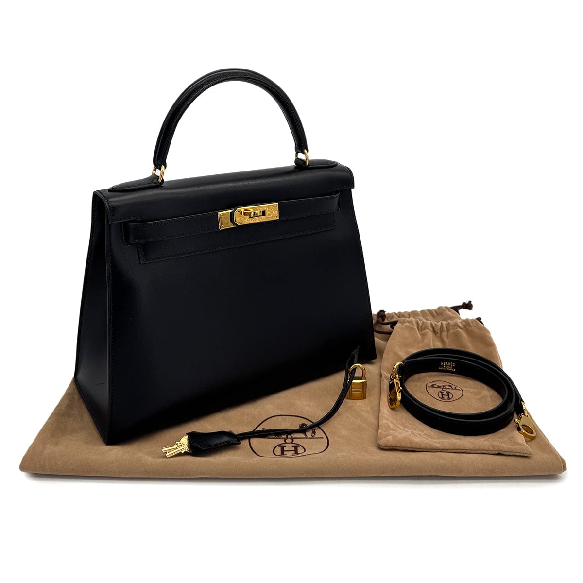 Luxury Promise Japan HERMES KELLY 28 SELLIER BLACK BOXCALF HAND SHOULDER BAG 1999 SQUARE C GOLD HARDWARE 90318200